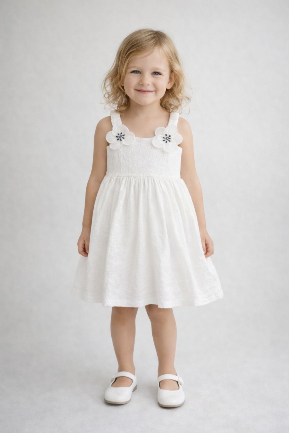 Детска рокля с тънки презрамки, бял цвят
