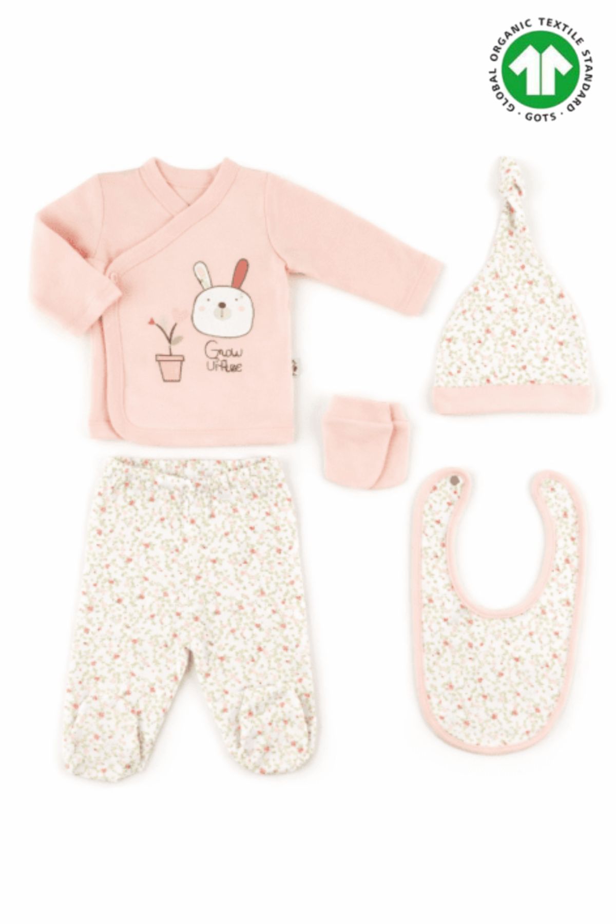 Бебешки комплект за изписване 5 части от органичен памук, светло розов