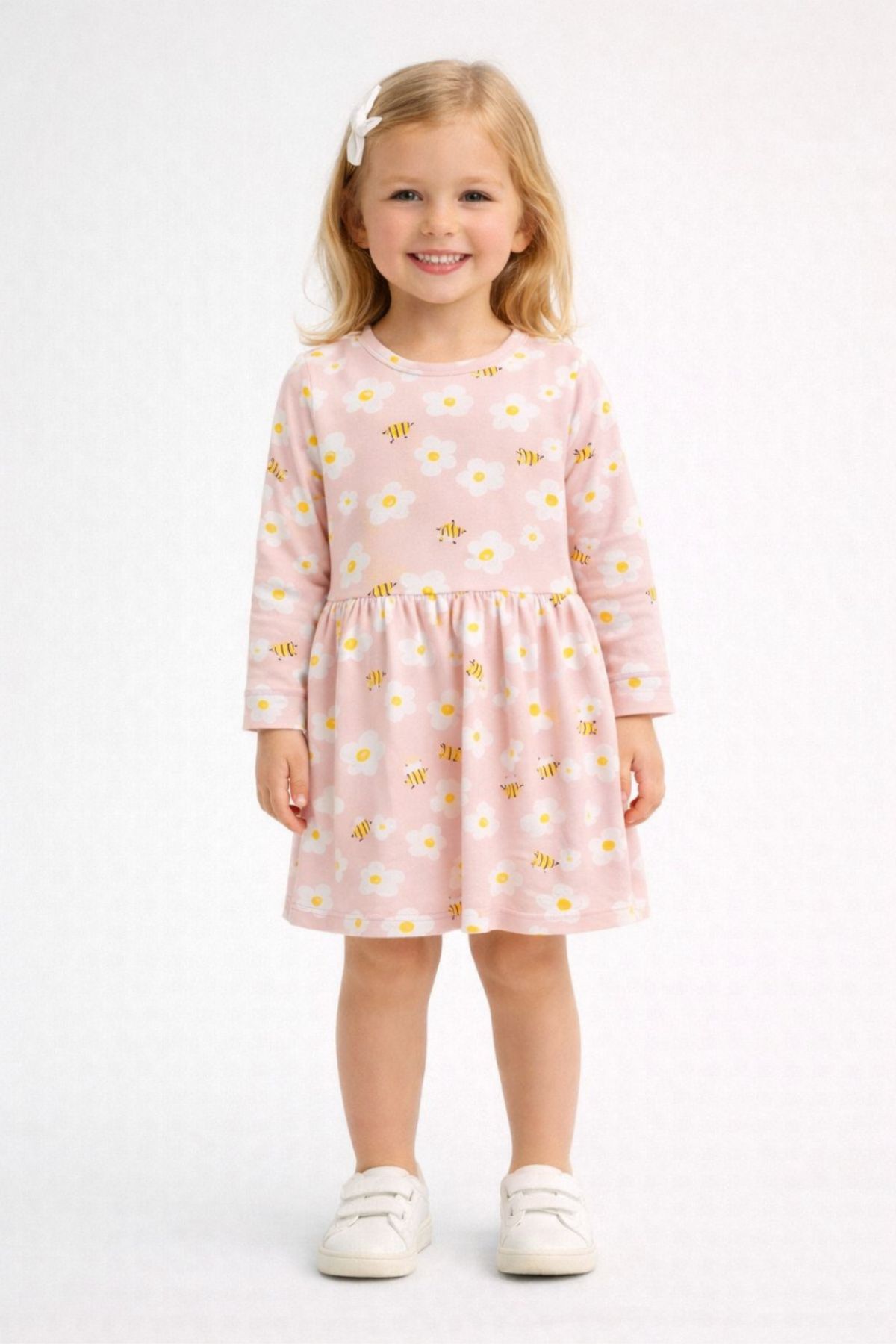  Детска рокля с дълъг ръкав, розов цвят  