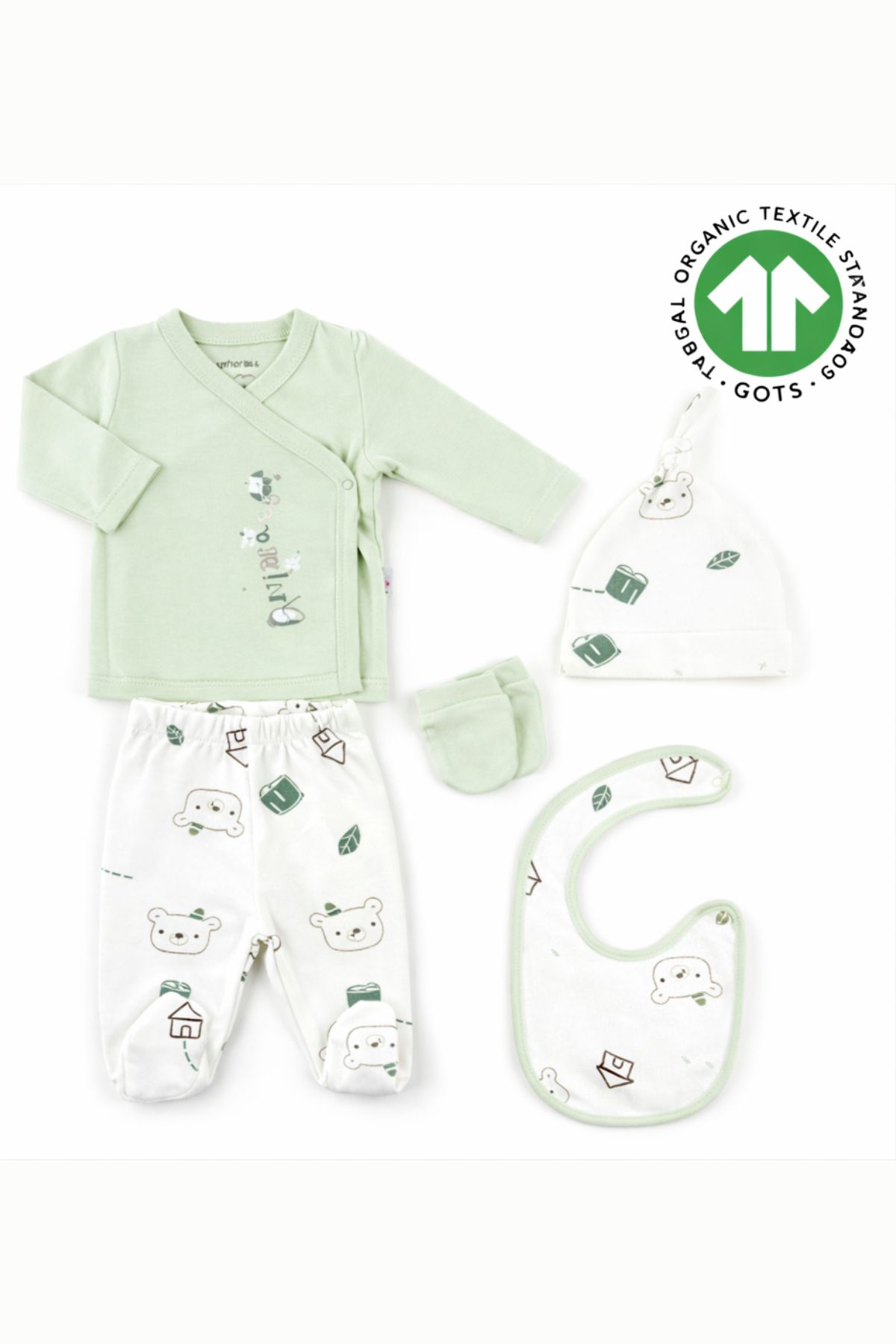 Бебешки комплект за изписване органичен памук 5 части, светло зелен цвят