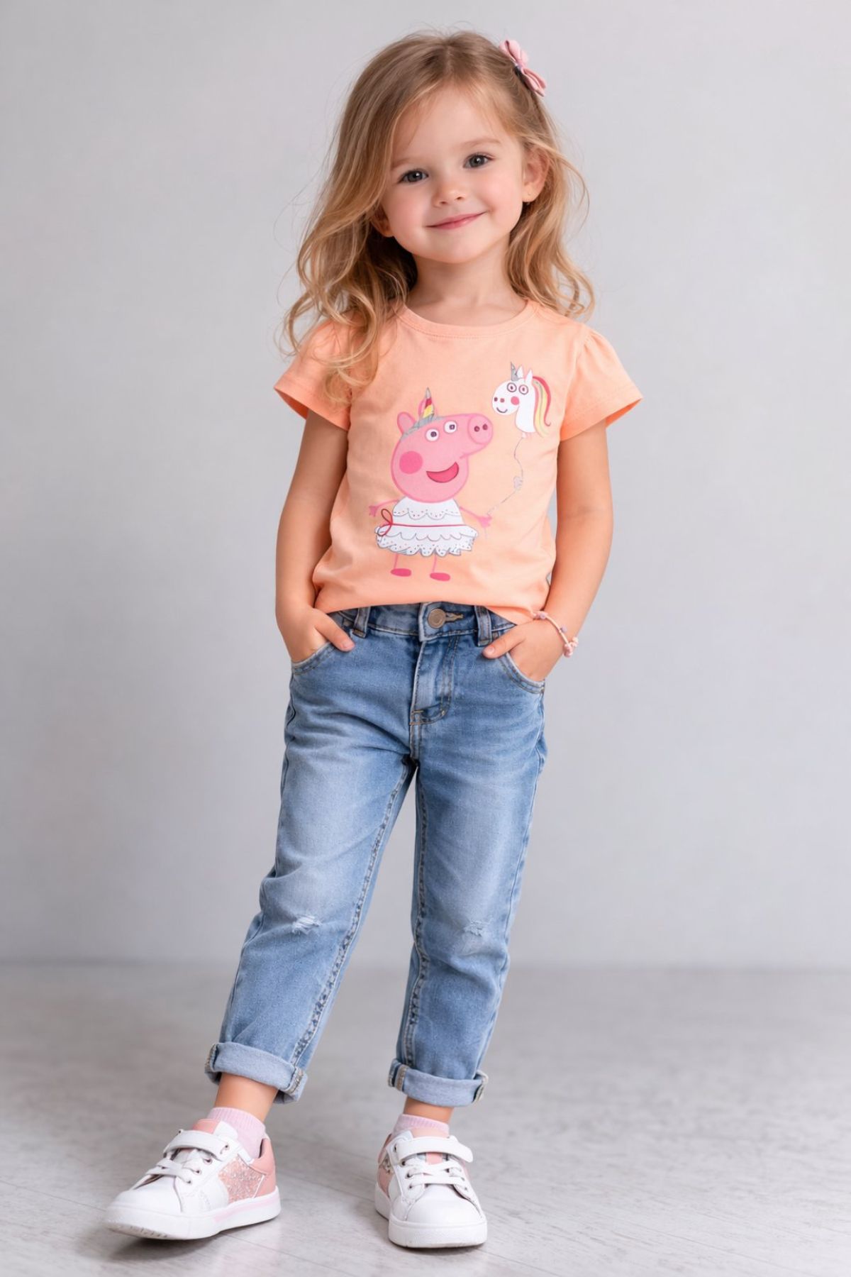 Детска тениска за момиче, цвят сьомга