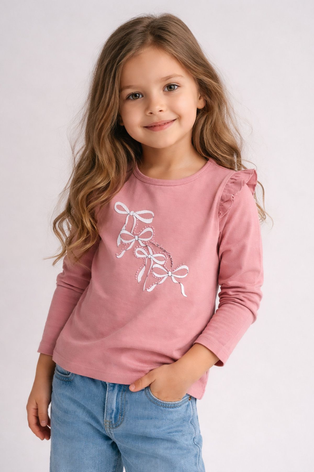 Детска блуза за момиче с дълъг ръкав, тъмно розов цвят