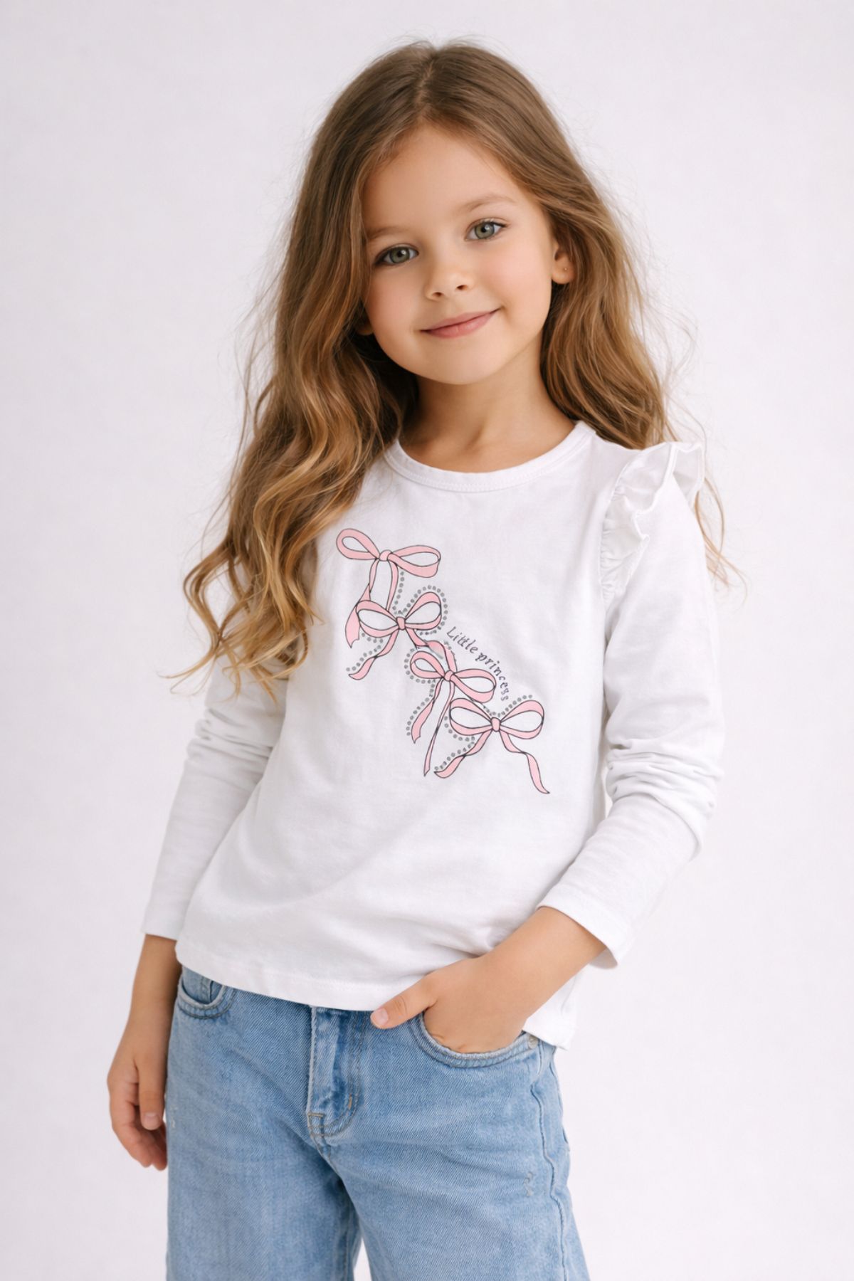 Детска блуза за момиче с дълъг ръкав, цвят екрю