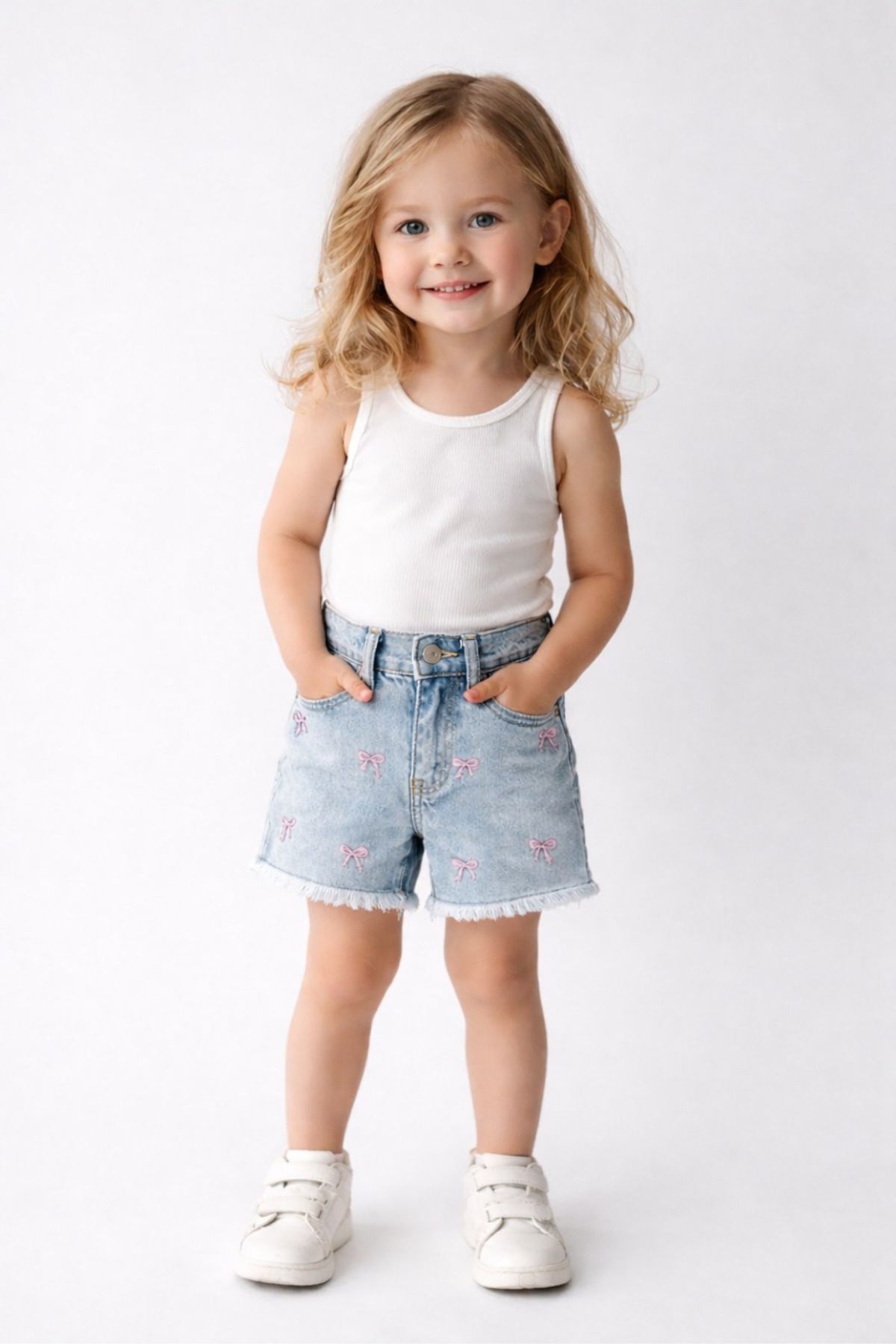 Детски къси, дънкови панталонки за момиче, син цвят 