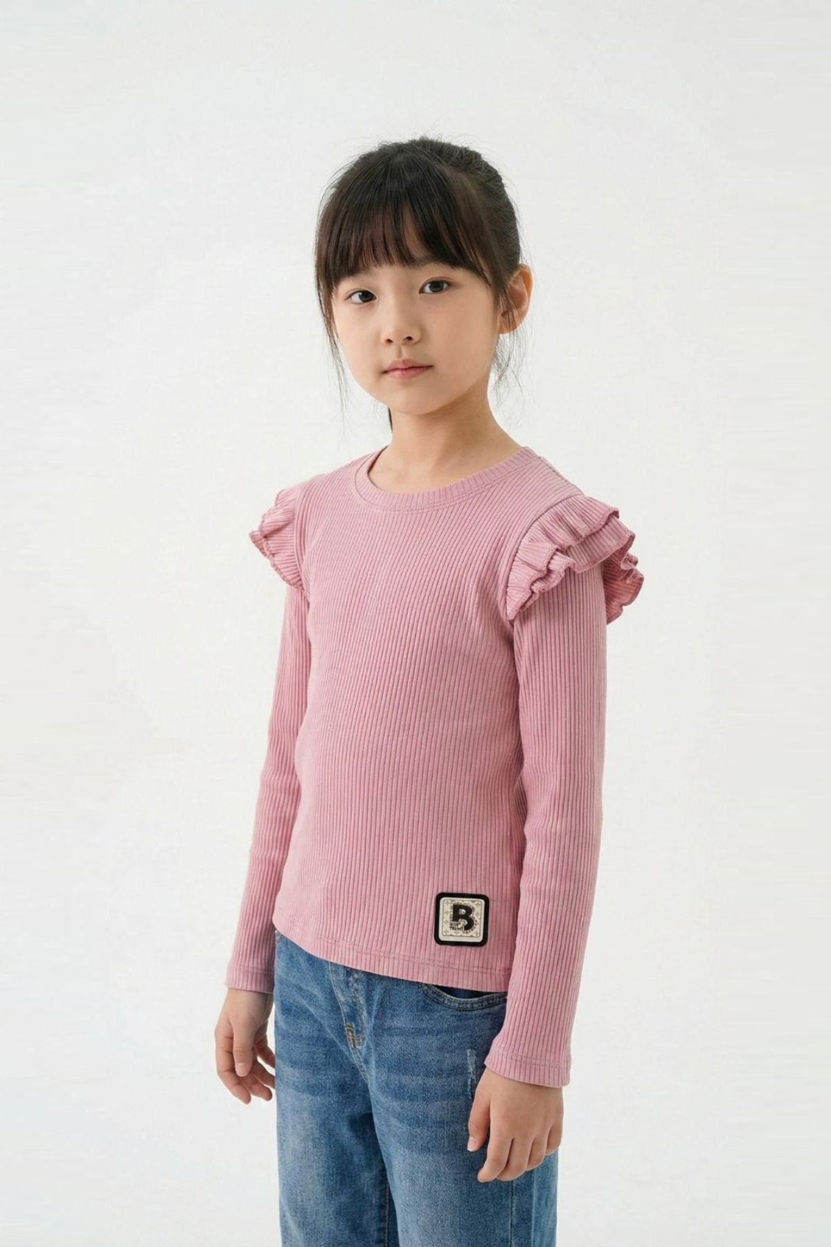  Детска блуза рипс за момиче с дълъг ръкав, тъмно розов цвят  