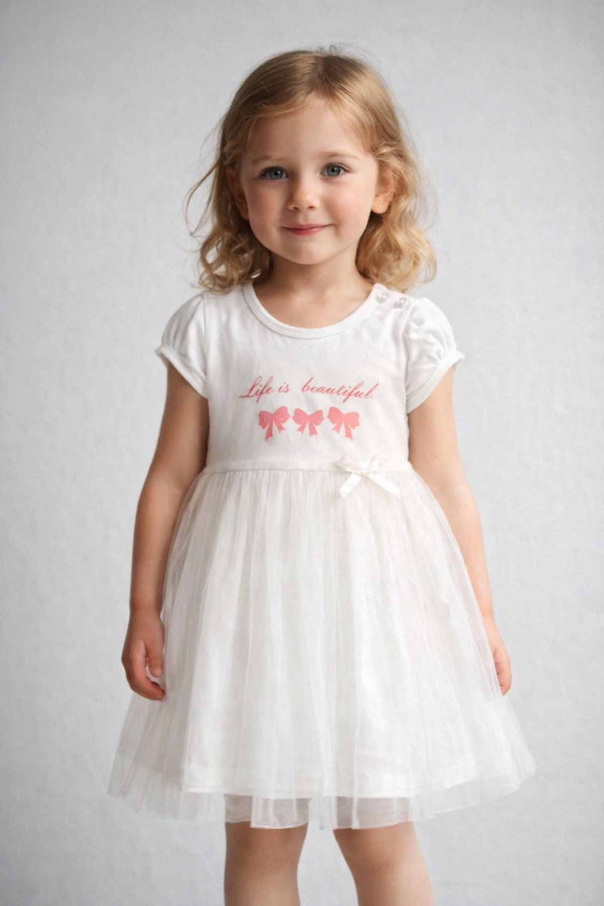 Детска рокля с къс ръкав, цвят екрю