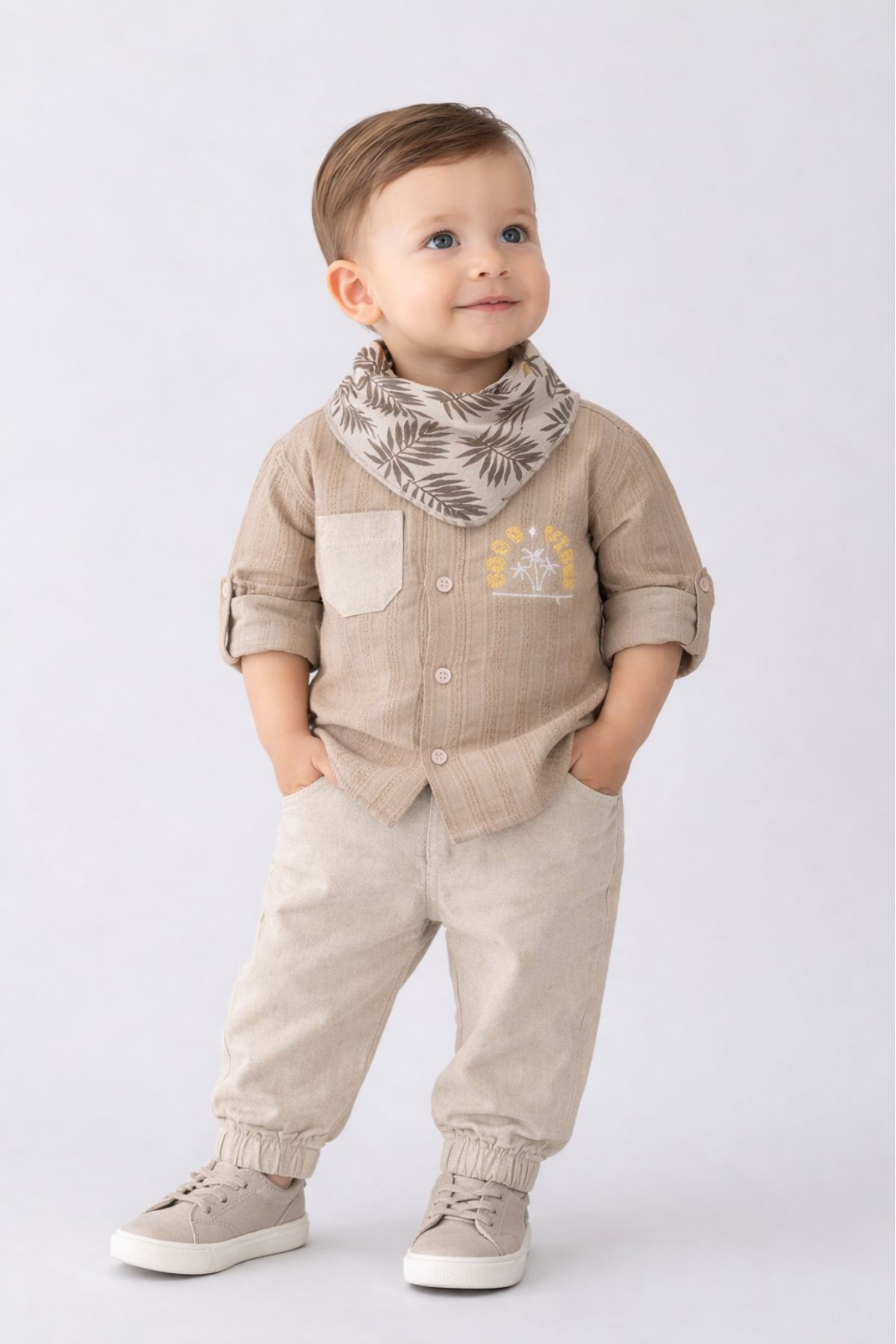 Детски комплект за момче с дълъг ръкав 3 части, бежов цвят 