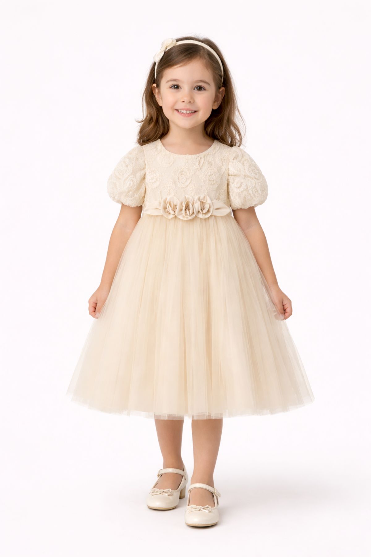 Детска официална рокля с къс ръкав, цвят екрю