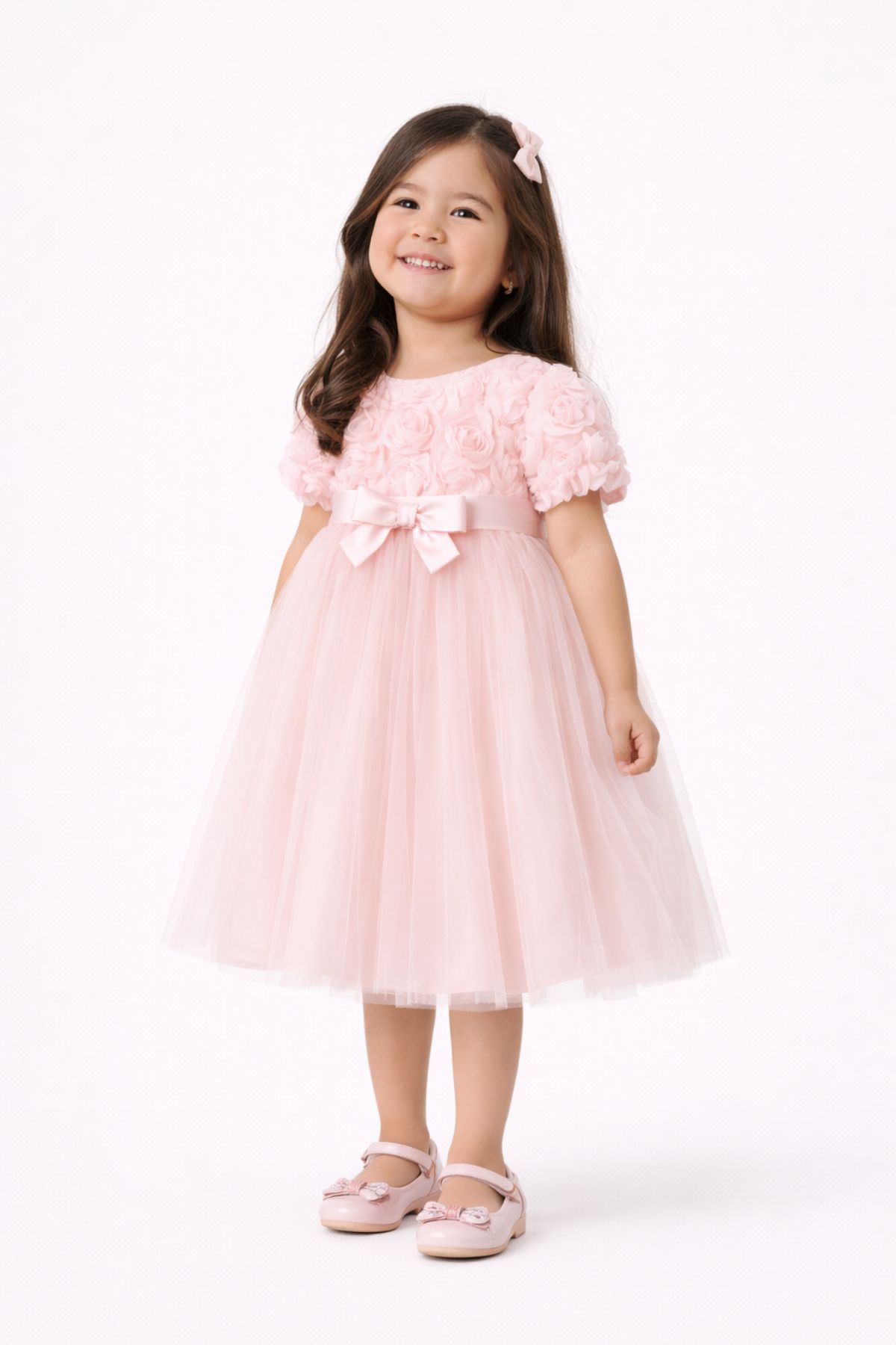 Детска официална рокля с къс ръкав, розов цвят