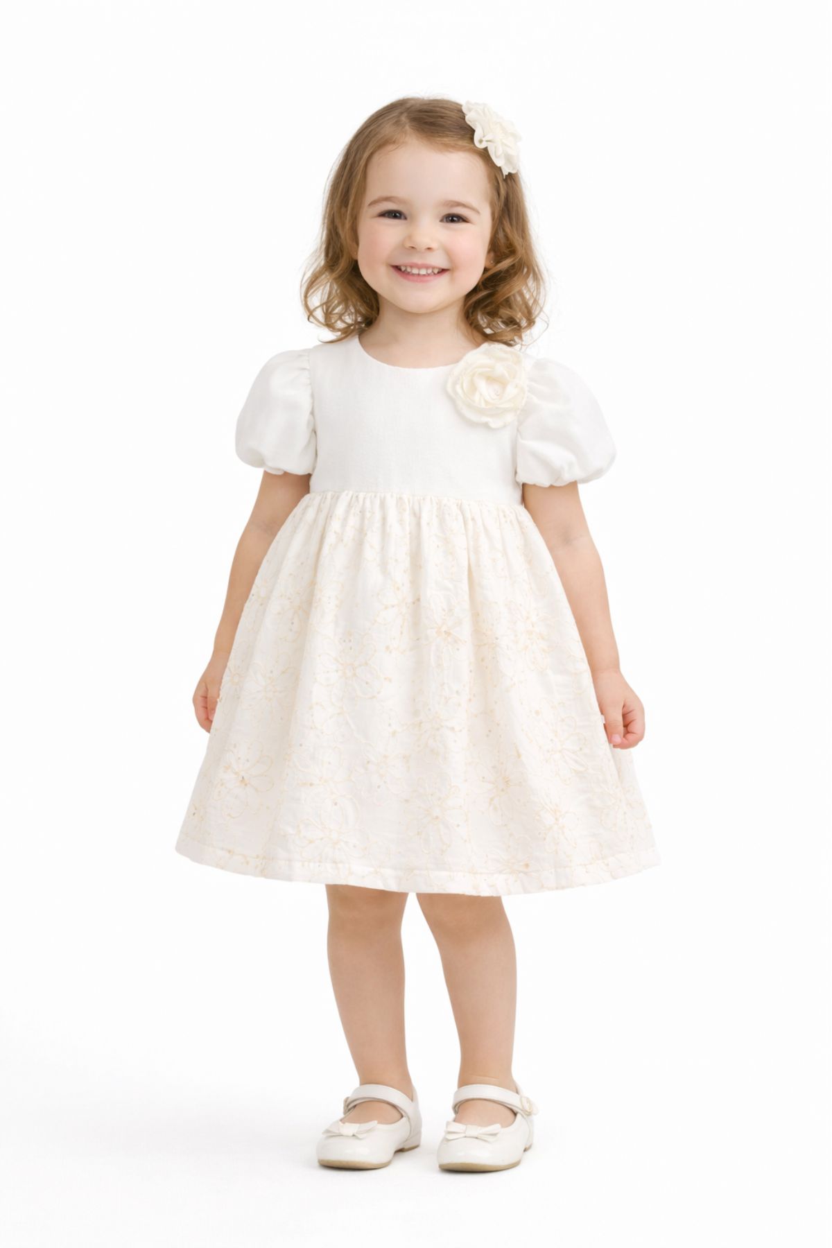 Детска официална рокля с къс ръкав, цвят екрю