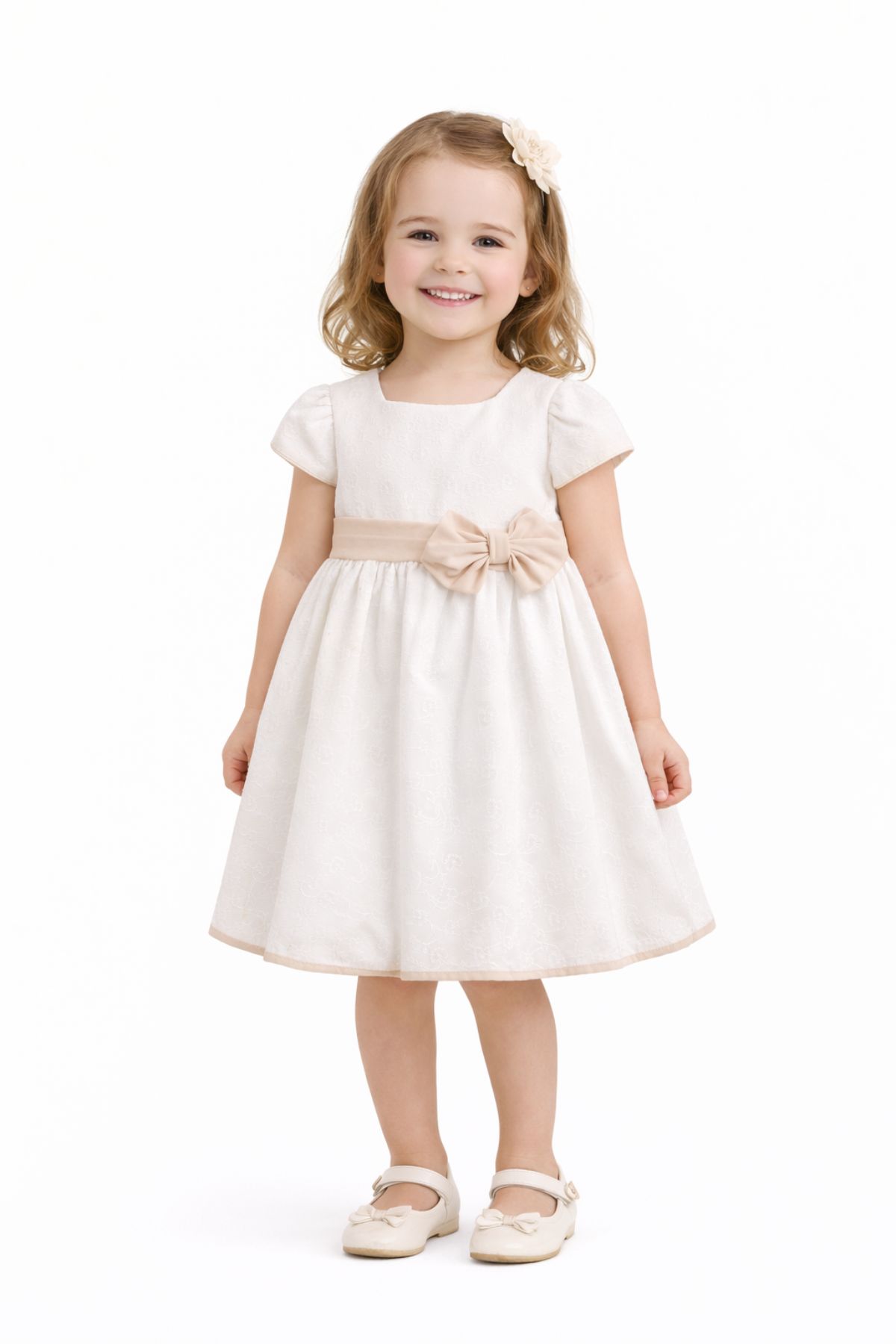 Детска официална рокля с къс ръкав, бежов цвят 