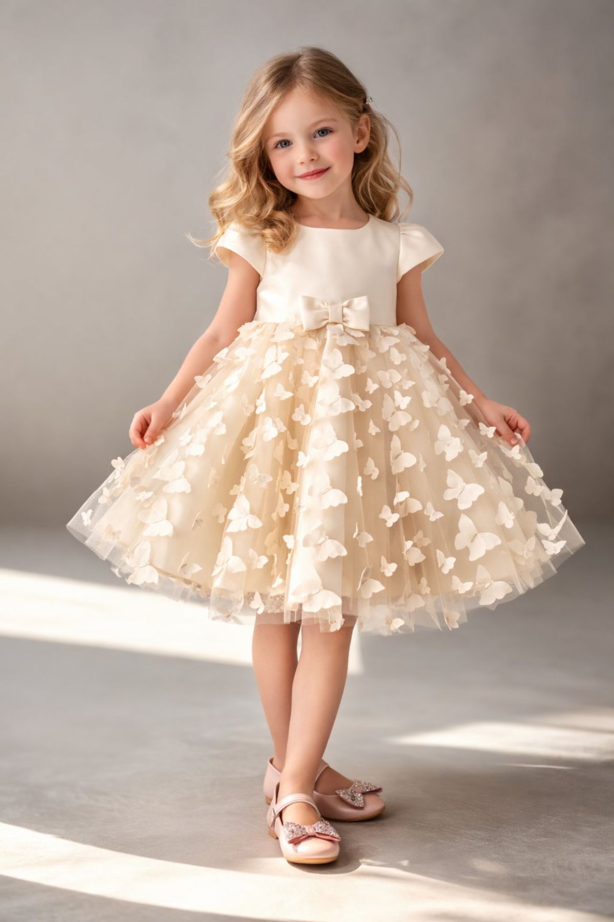 Детска официална рокля с къс ръкав, бежов цвят