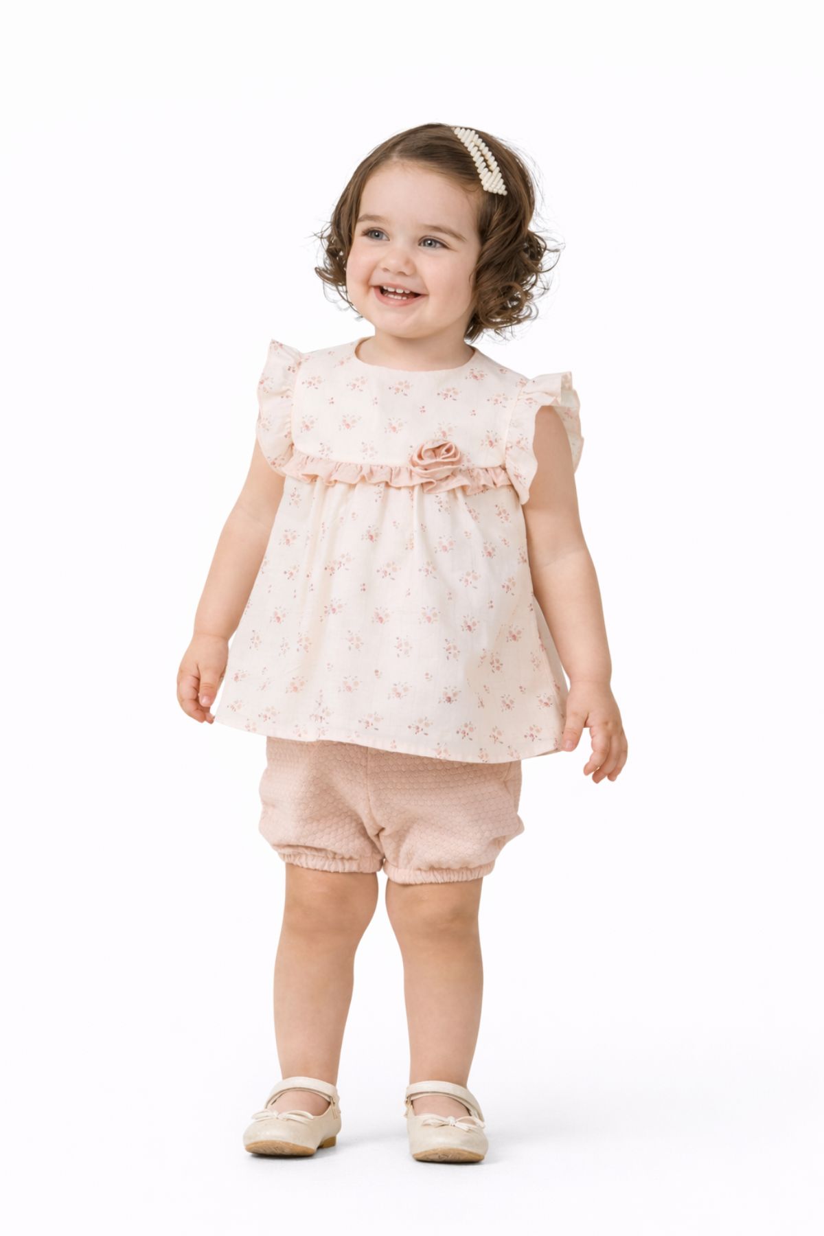 Бебешки комплект за момиче с къс ръкав, розов цвят  