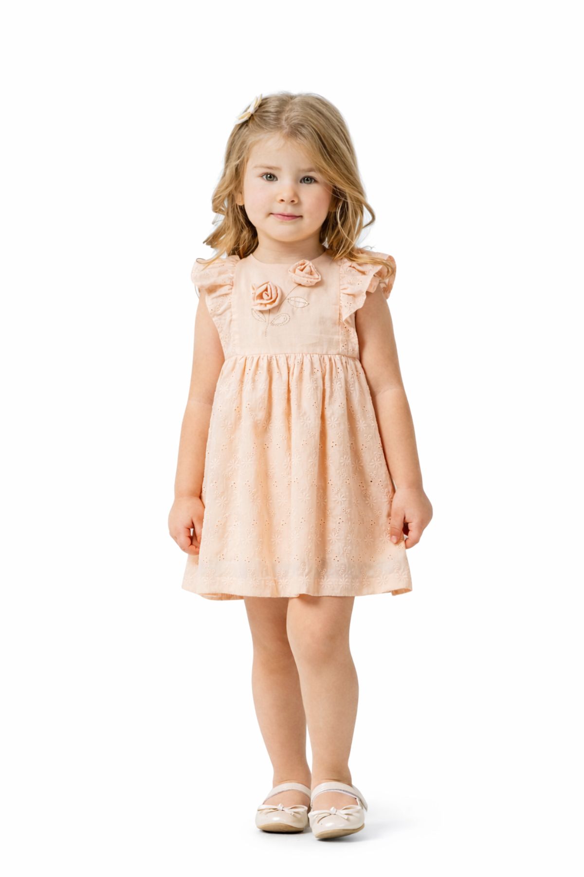 Детска рокля с къс ръкав, светло розов цвят  