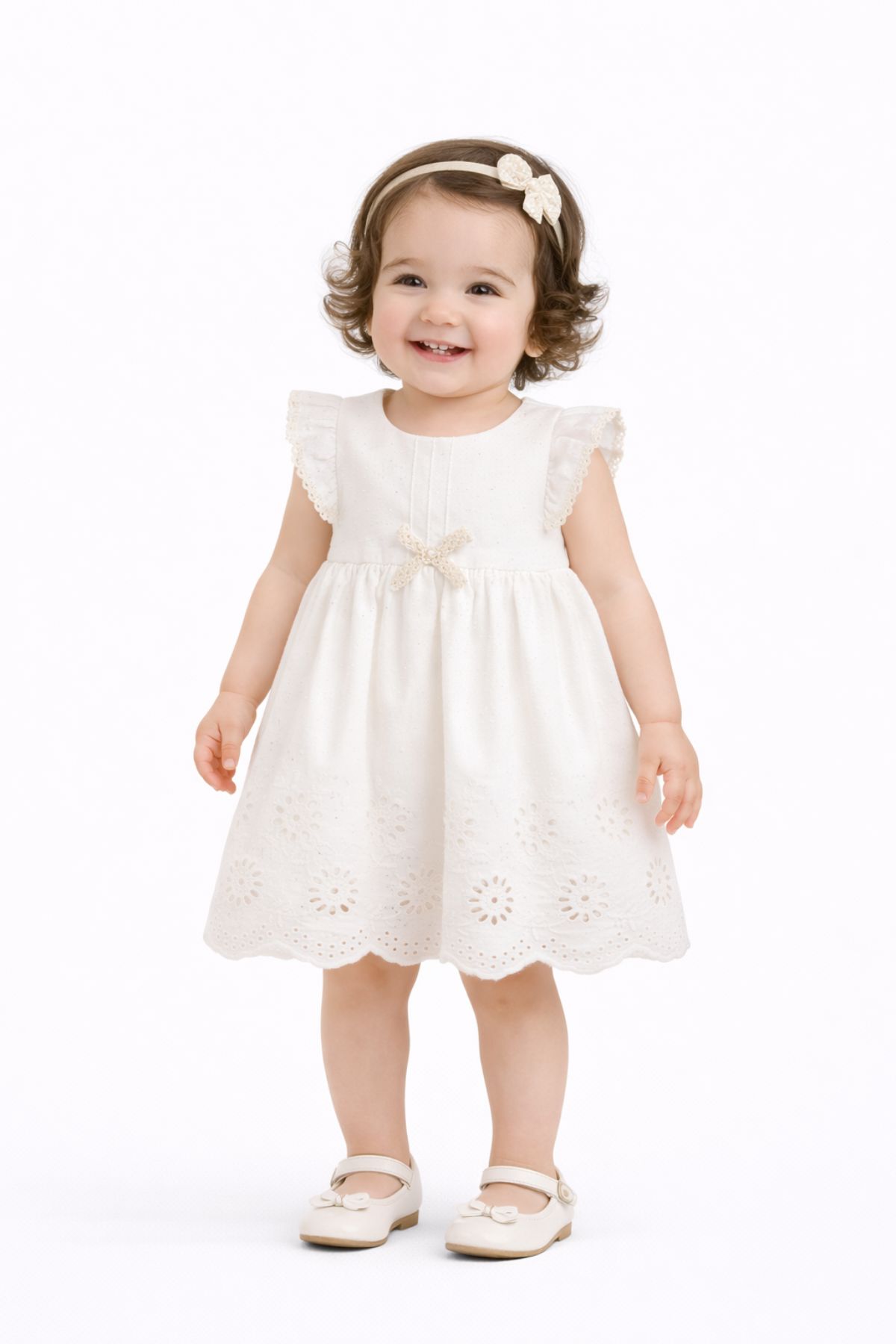 Бебешка рокля с къс ръкав и гащички, цвят екрю