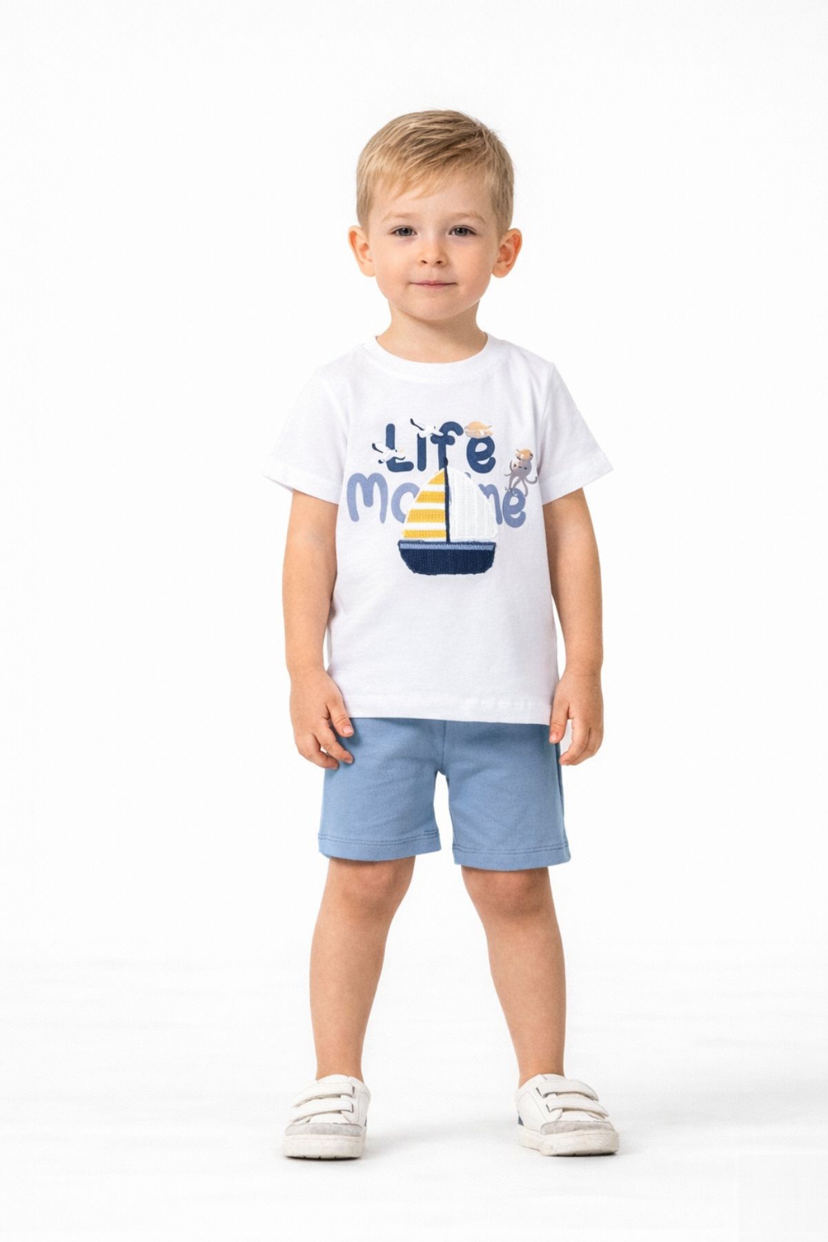Детски комплект за момче с къс ръкав, бял цвят