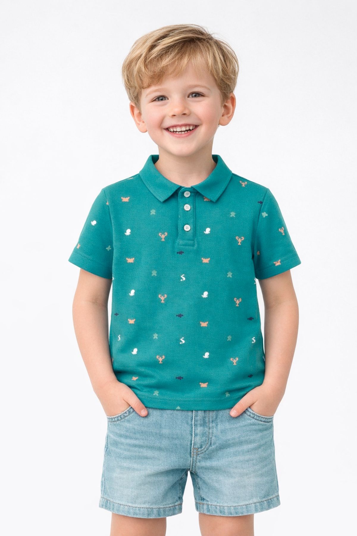 Детска тениска с якичка за момче, зелен цвят 