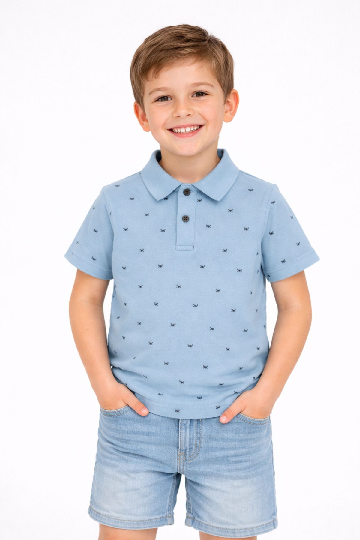 Детска тениска с якичка за момче, син цвят