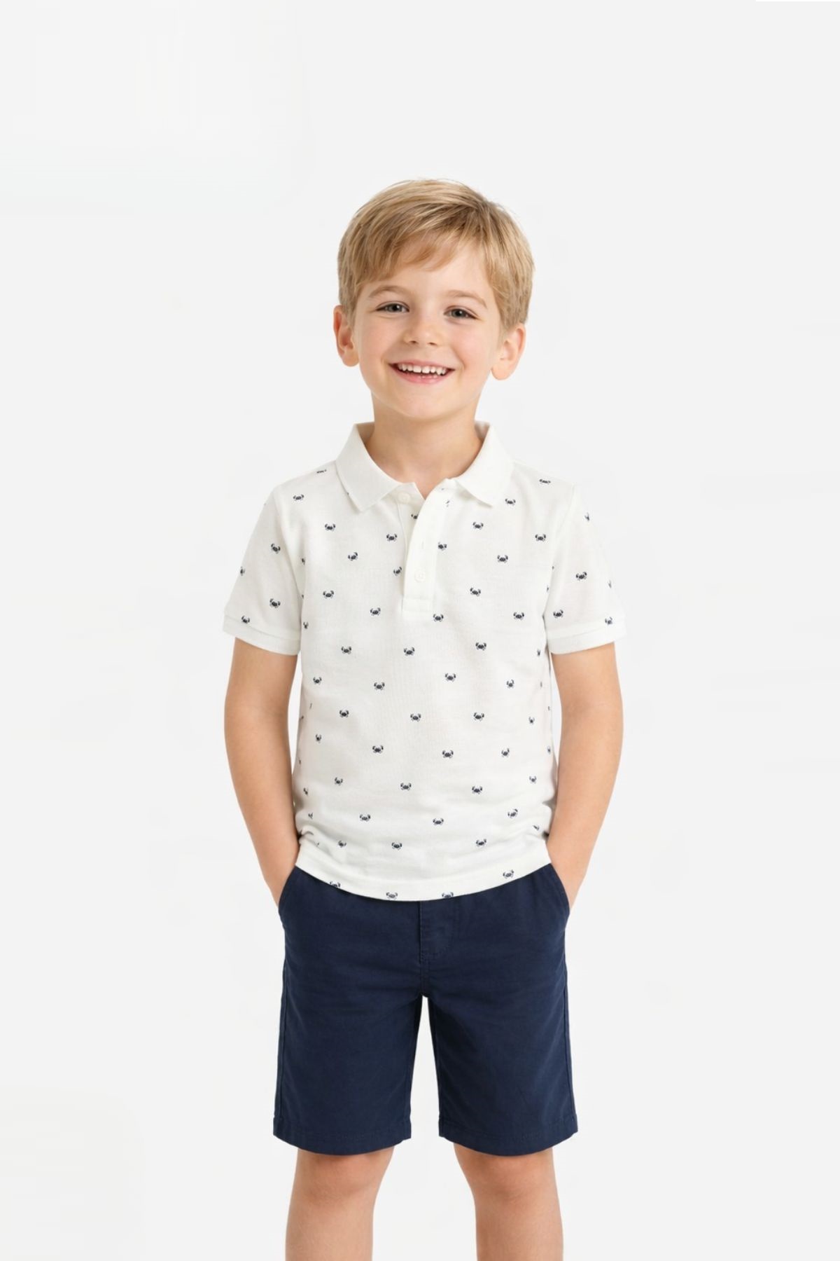 Детска тениска с якичка за момче, цвят екрю 