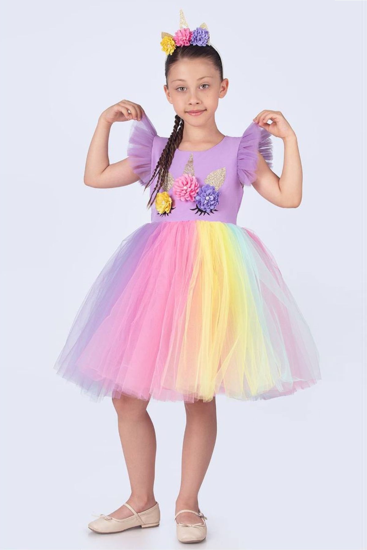 Детска официална рокля с къс ръкав и диадема,  лилав цвят  