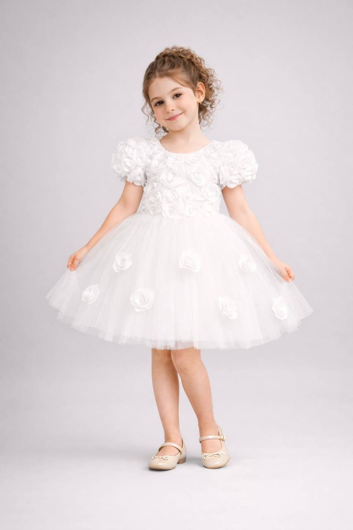  Детска официална рокля с къс ръкав, бял цвят