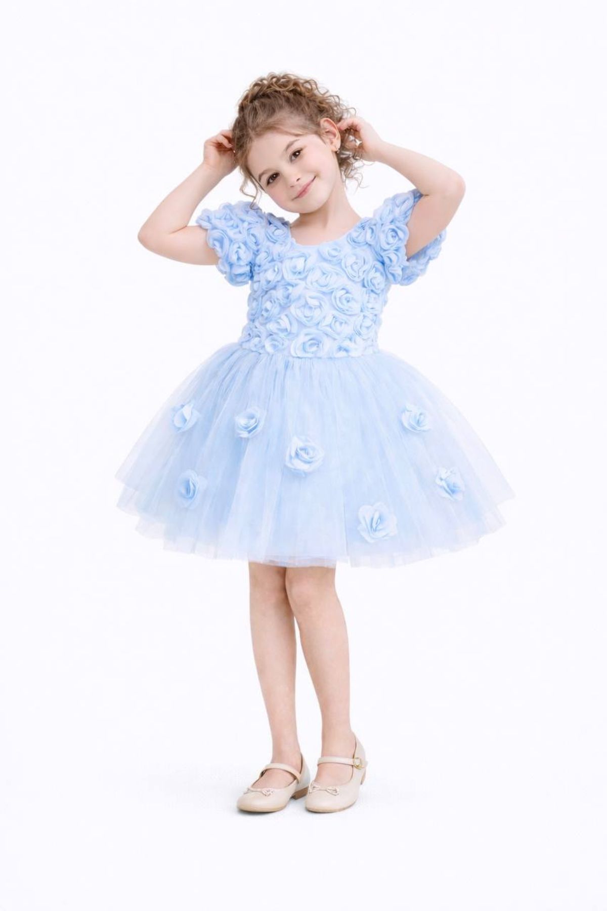  Детска официална рокля с къс ръкав, син цвят