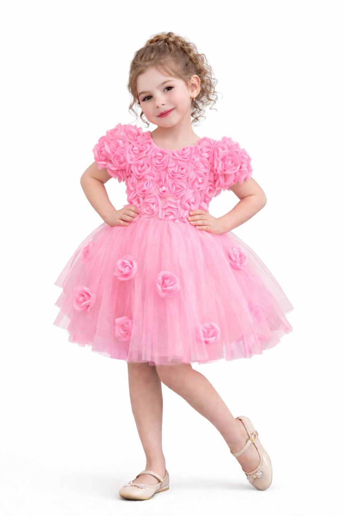 Детска официална рокля с къс ръкав, розов цвят