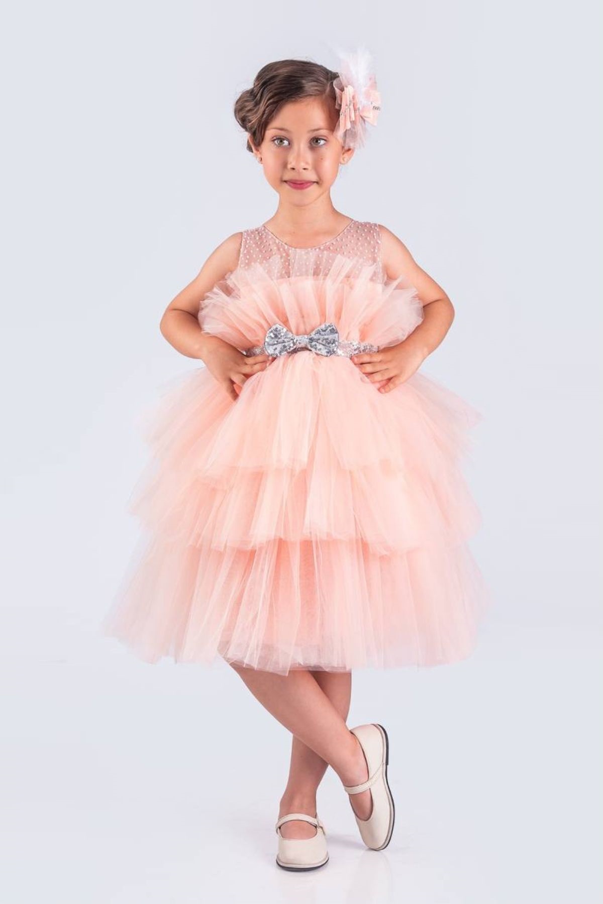 Детска официална рокля къс ръкав, светло розов цвят