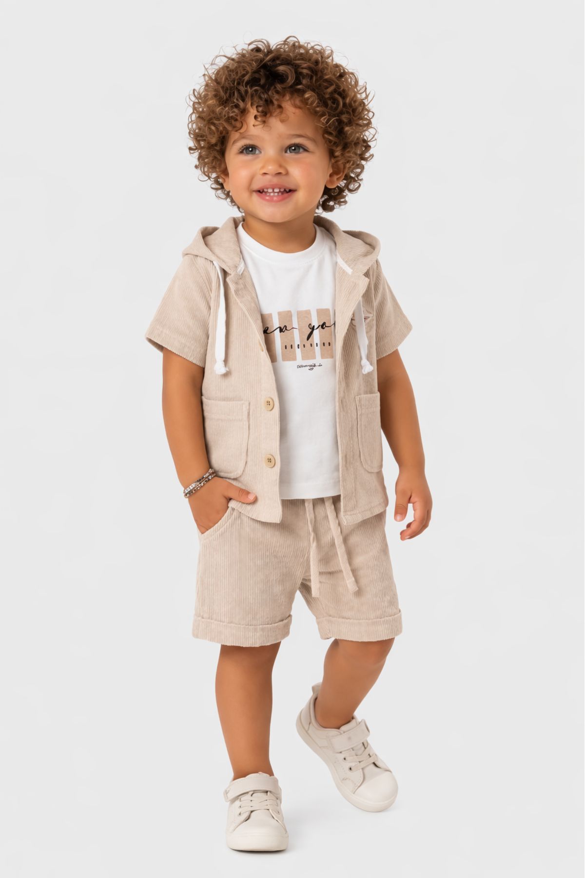 Бебешки комплект за момче с къс ръкав 3 части, бежов цвят