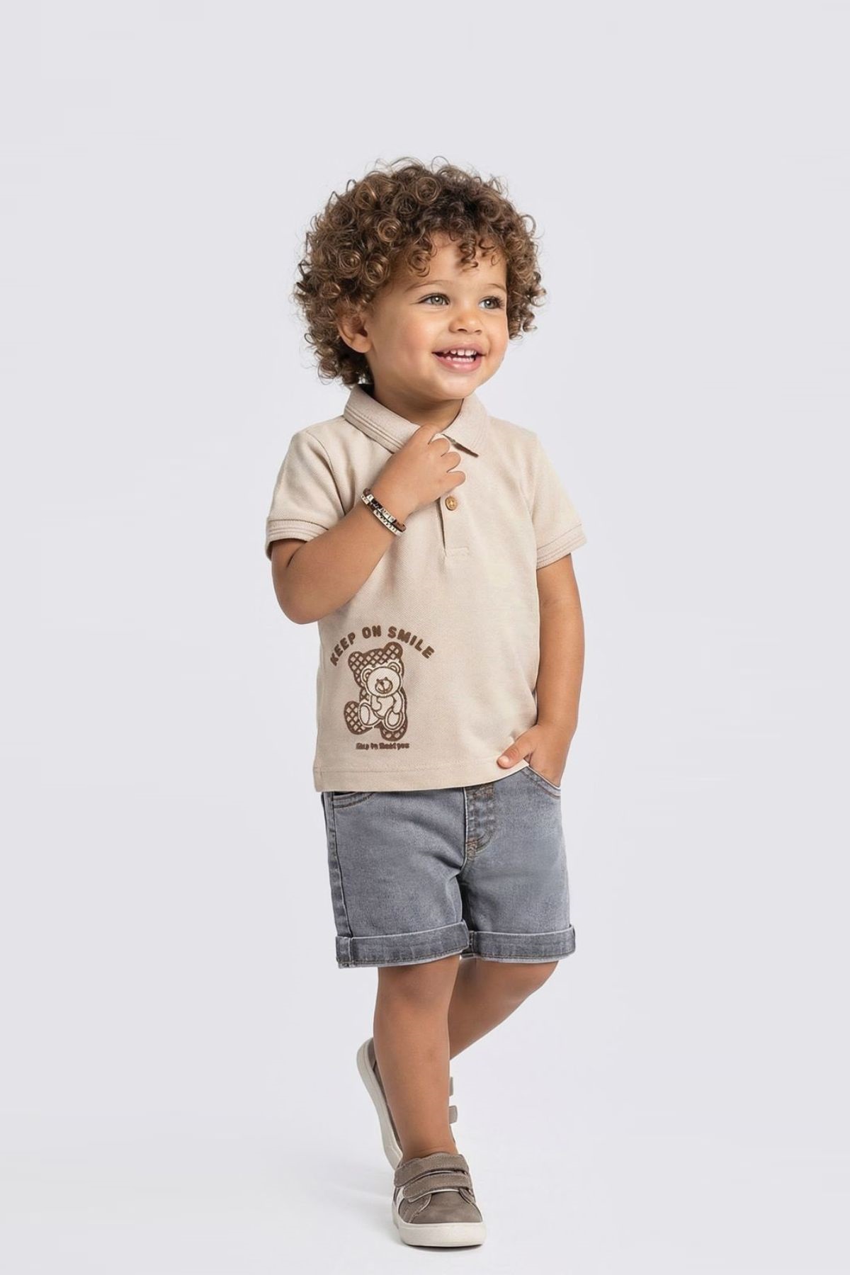 Детски комплект за момче с къс ръкав, бежов цвят
