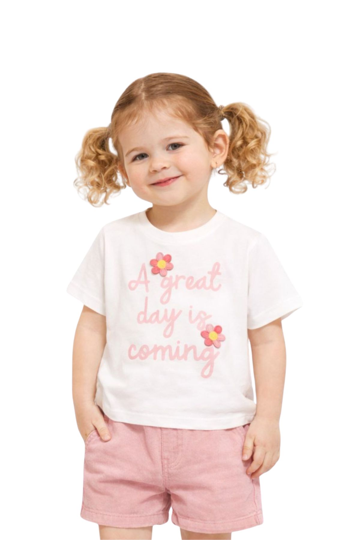 Детска тениска за момиче, цвят екрю 