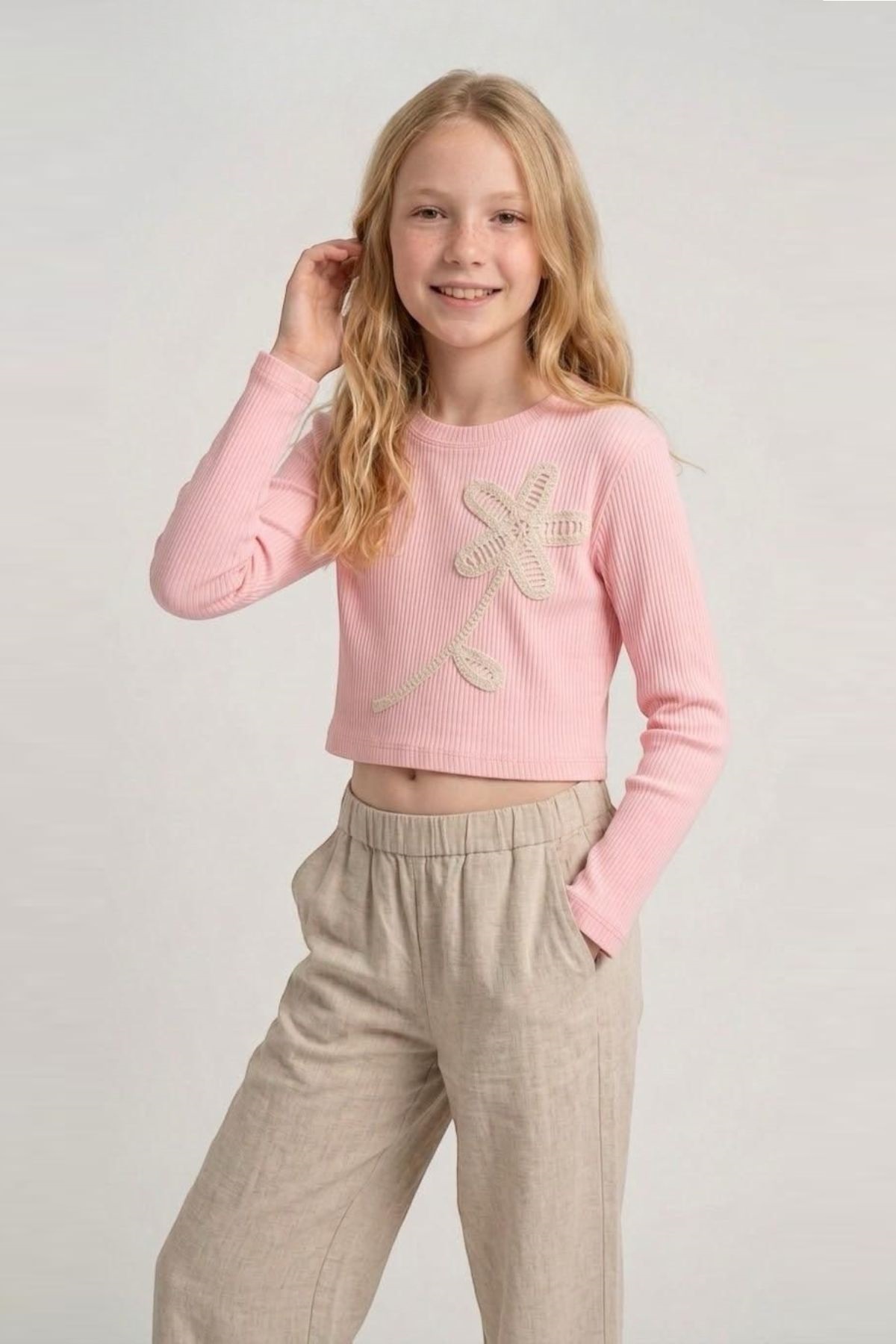 Детска блуза за момиче с дълъг ръкав, розов цвят