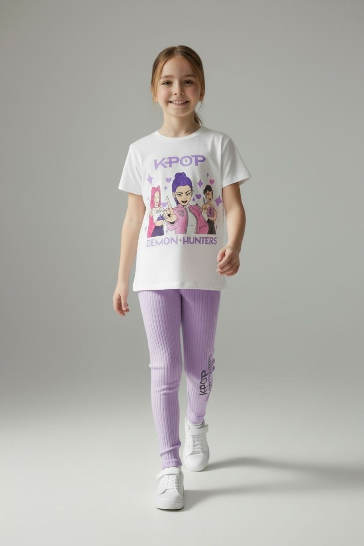 Детски комплект за момиче с къс ръкав, лилав цвят