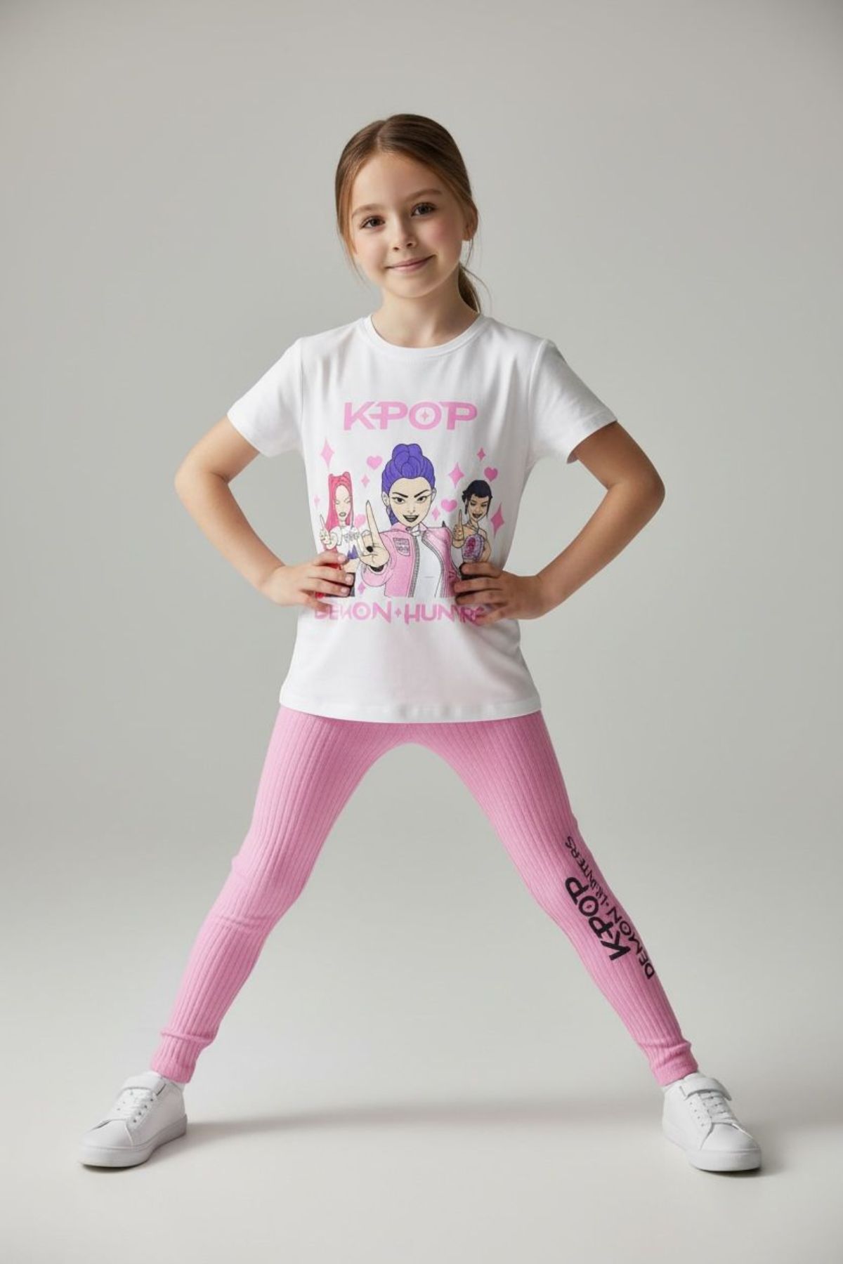 Детски комплект за момиче с къс ръкав, розов цвят