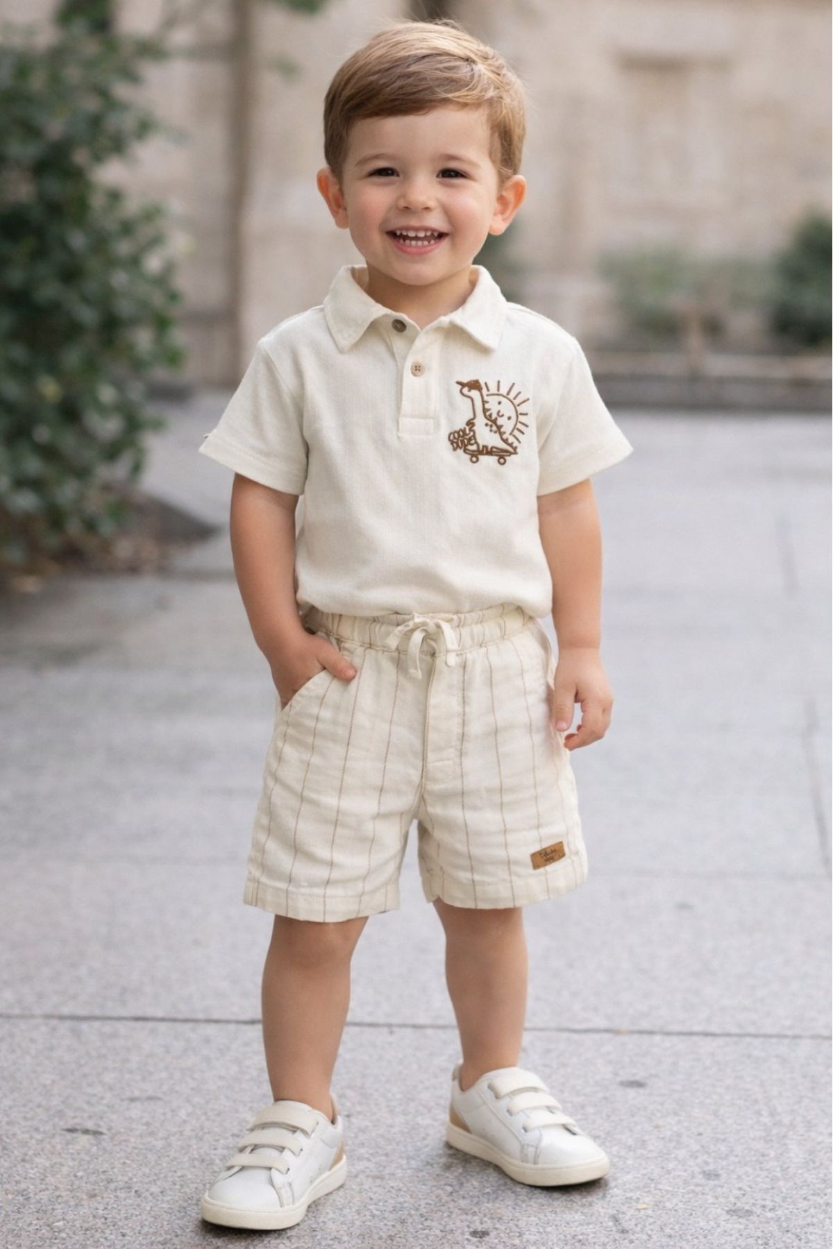 Детски комплект за момче с къс ръкав, цвят екрю   