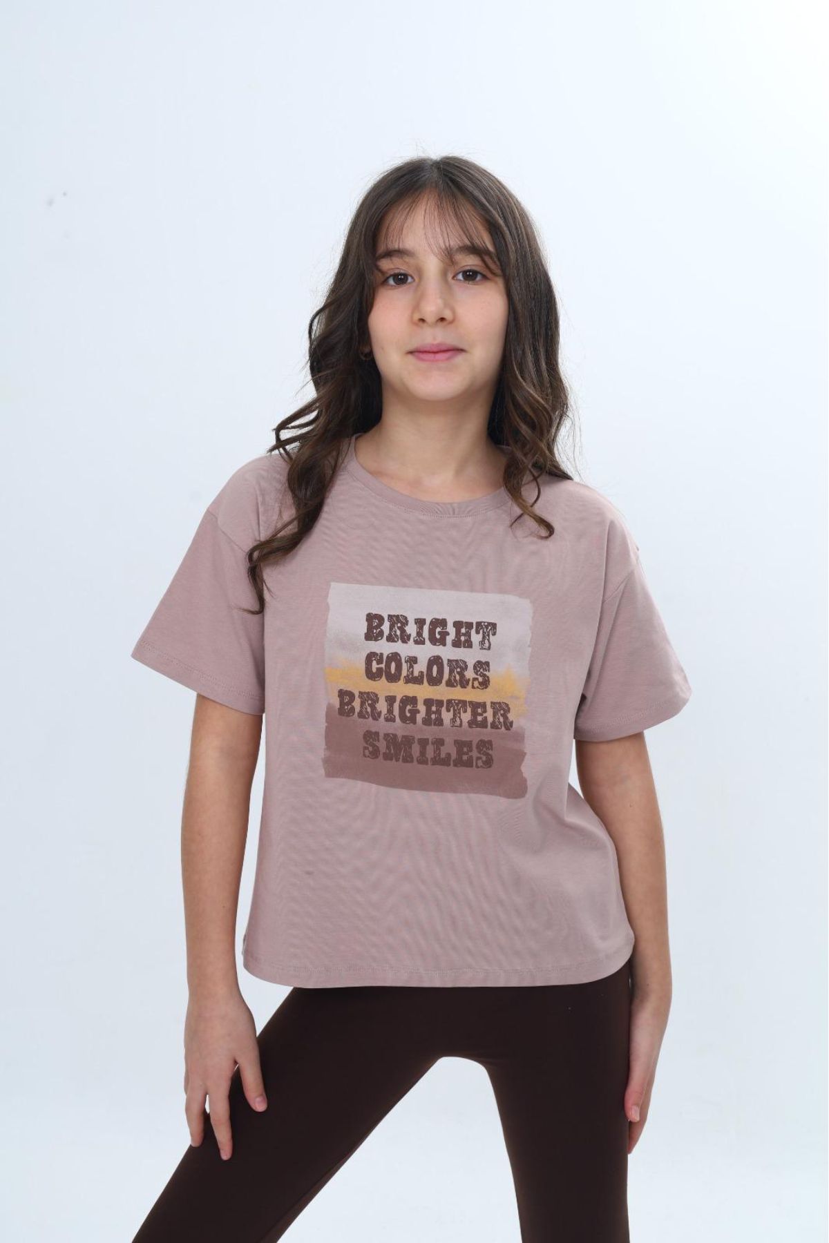 Детска тениска за момиче, светло кафяв цвят 