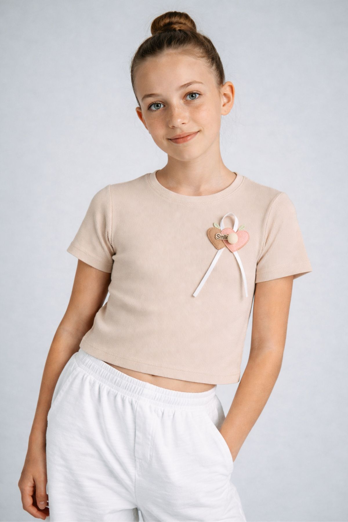 Детска тениска за момиче, бежов цвят  