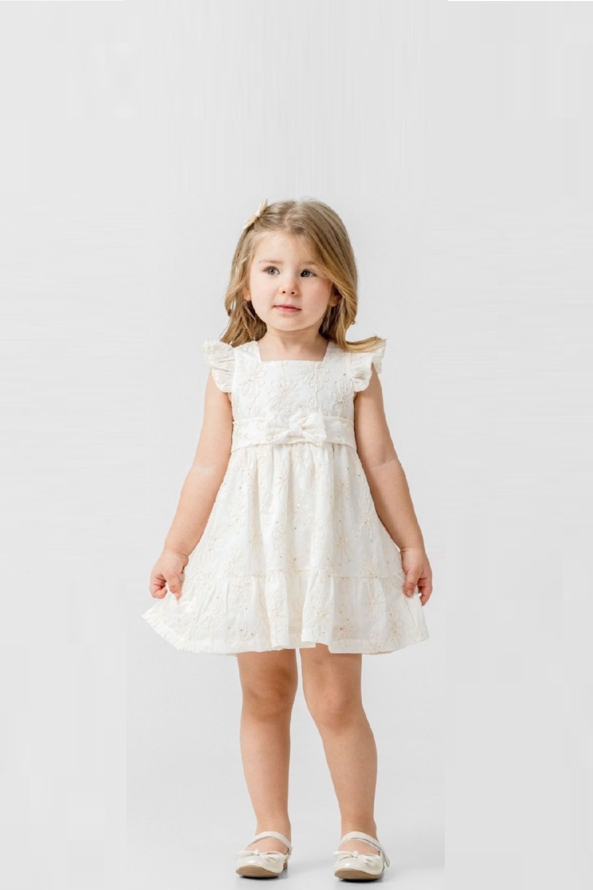 Детска рокля с къс ръкав, цвят екрю 
