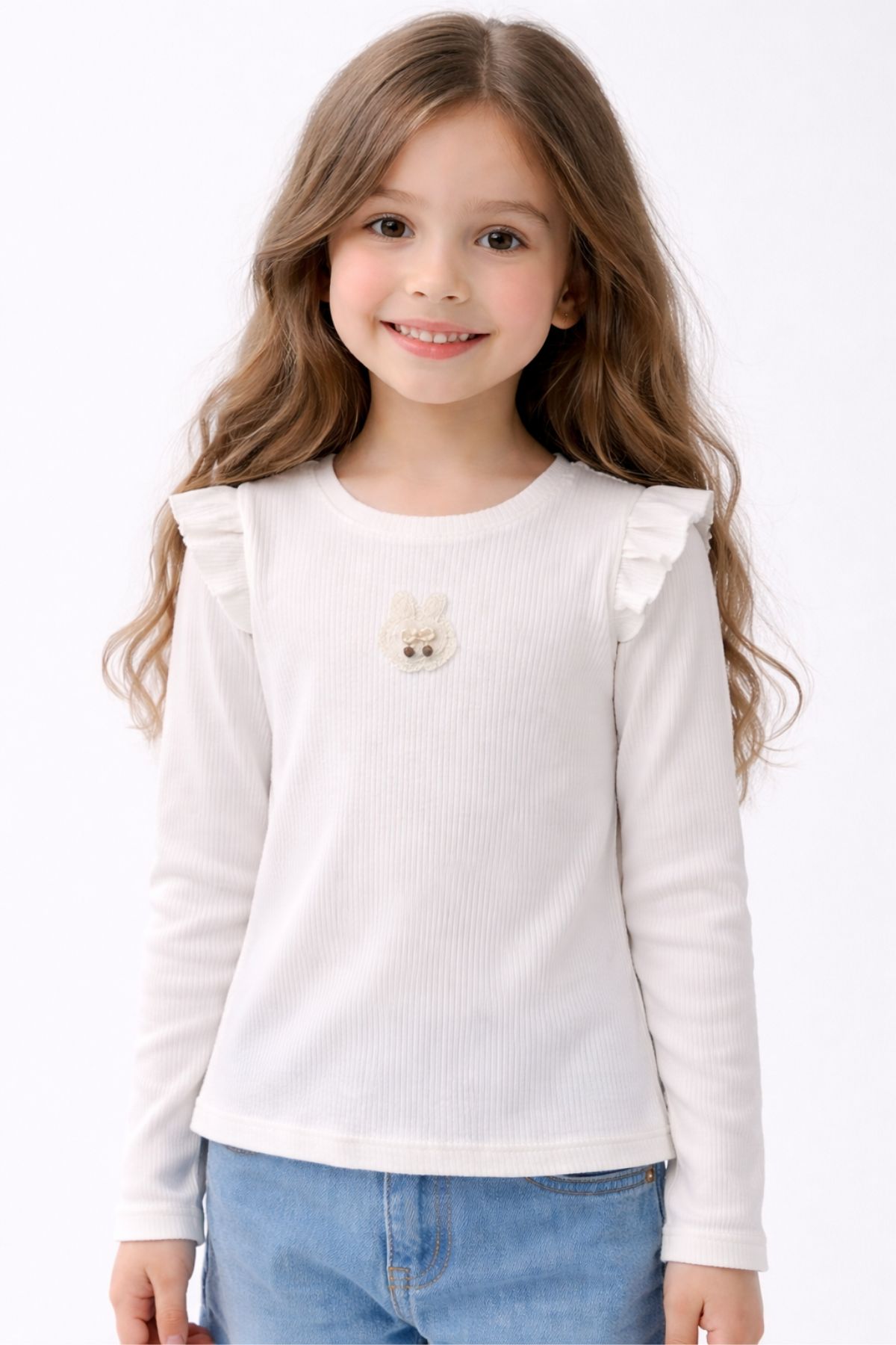 Детска блуза за момиче с дълъг ръкав, цвят екрю