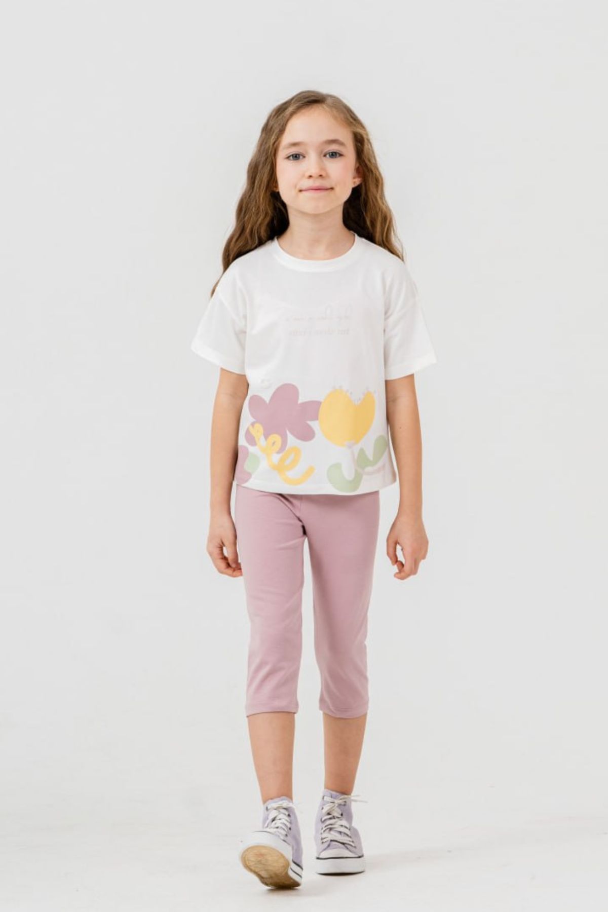 Детски комплект за момиче с къс ръкав, цвят екрю