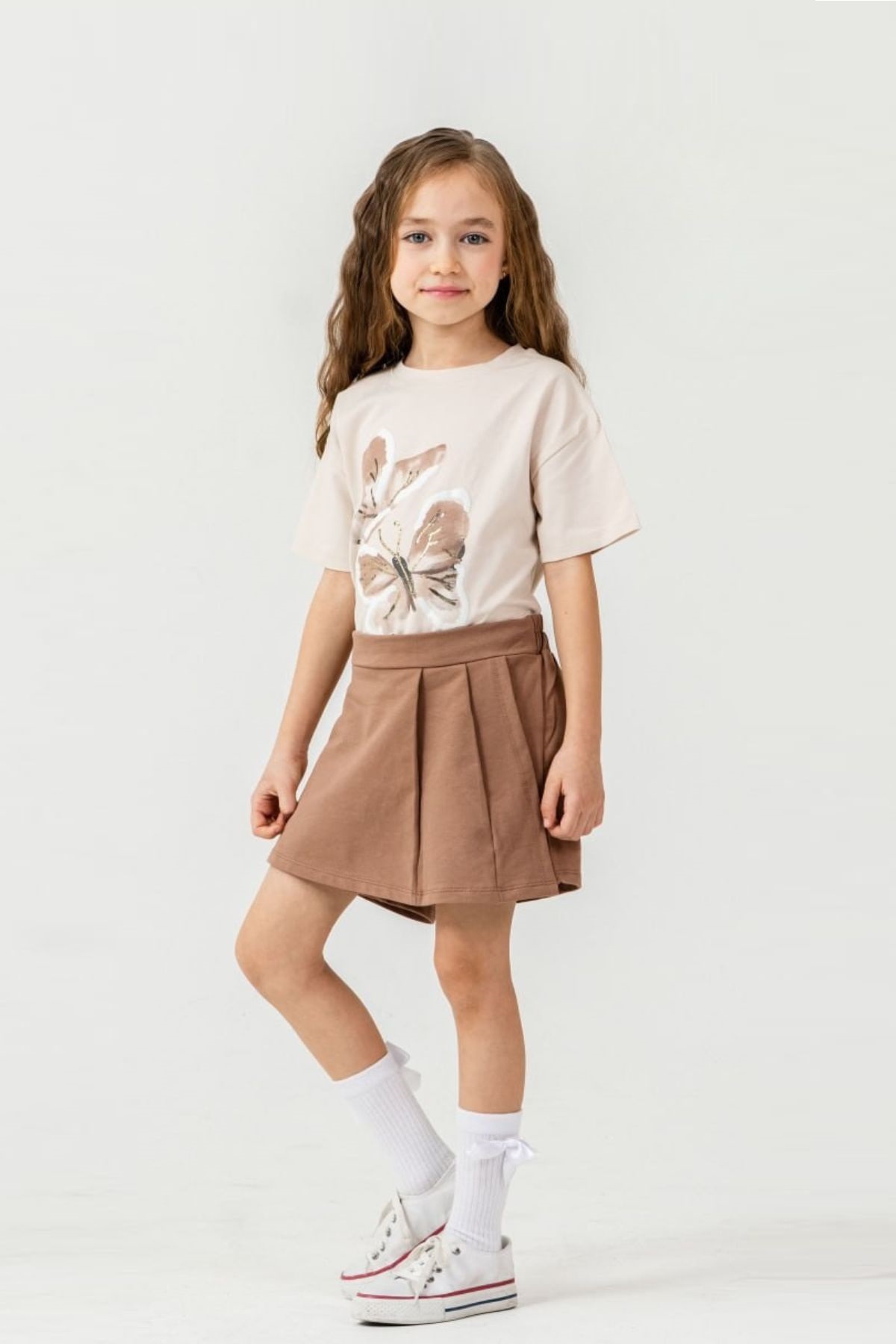 Детски комплект за момиче с къс ръкав, бежов цвят 