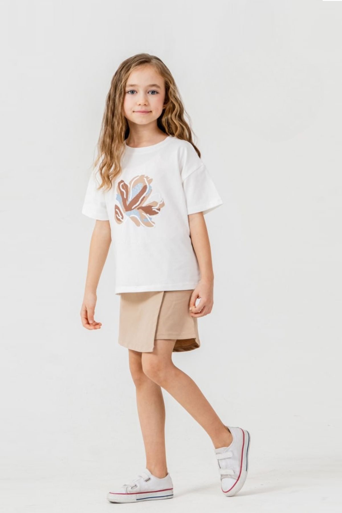 Детски комплект за момиче с къс ръкав, бежов цвят