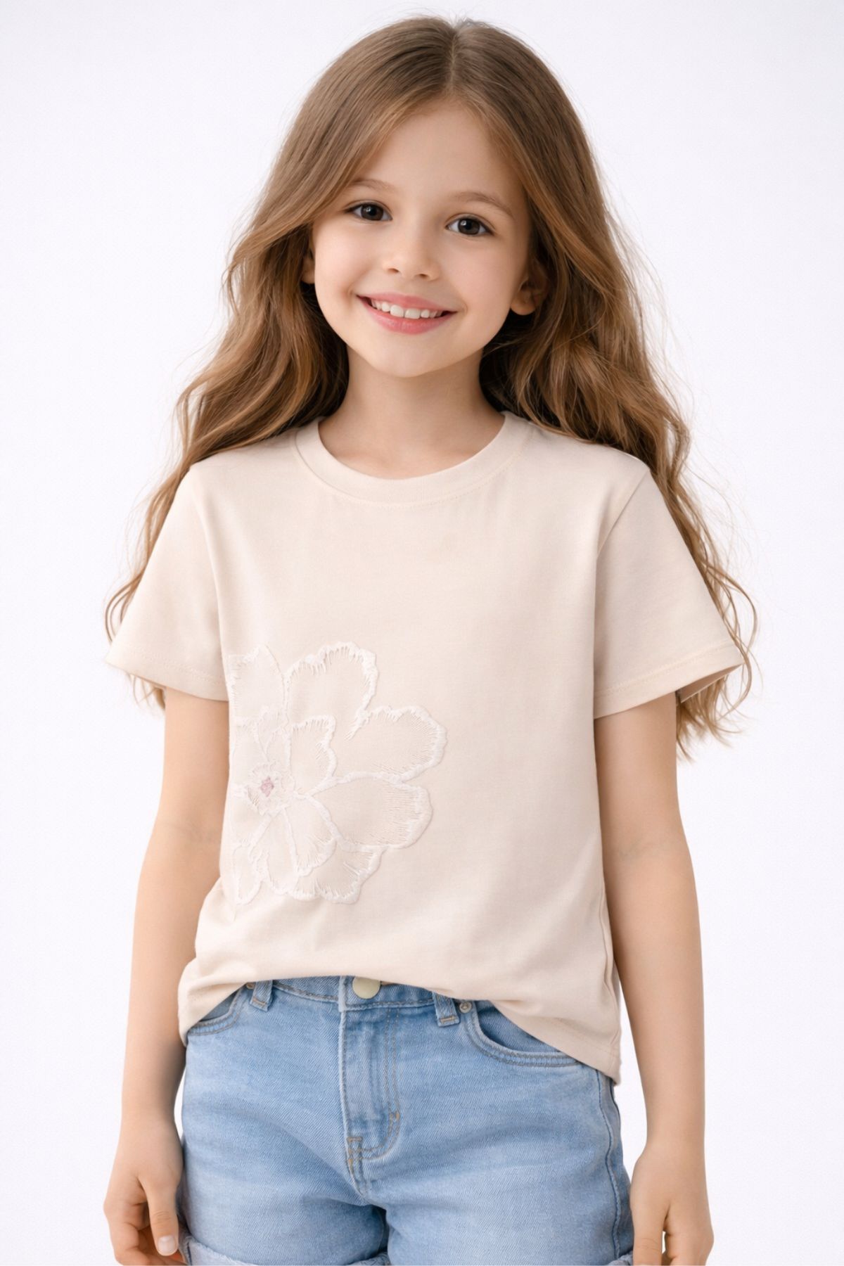 Детска тениска за момиче, бежов цвят