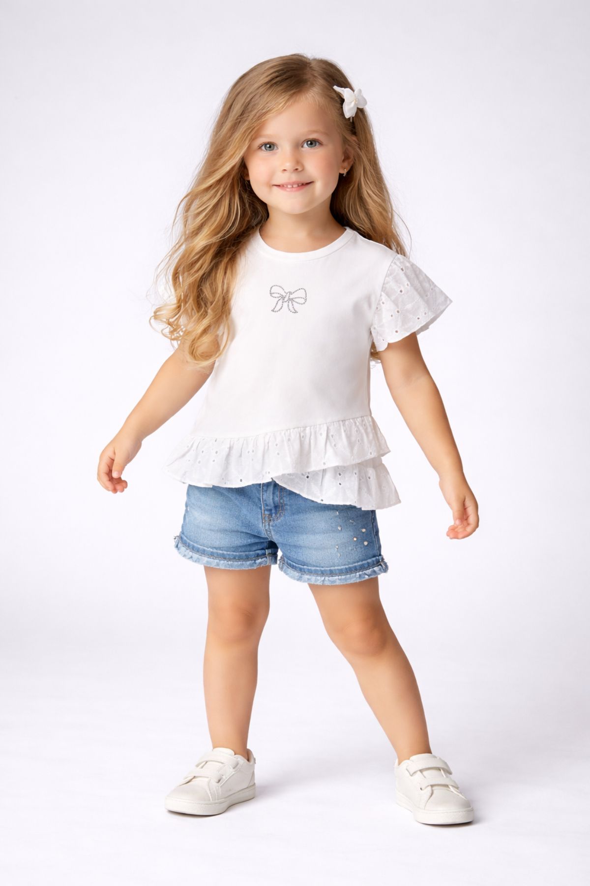 Детска тениска за момиче, цвят екрю