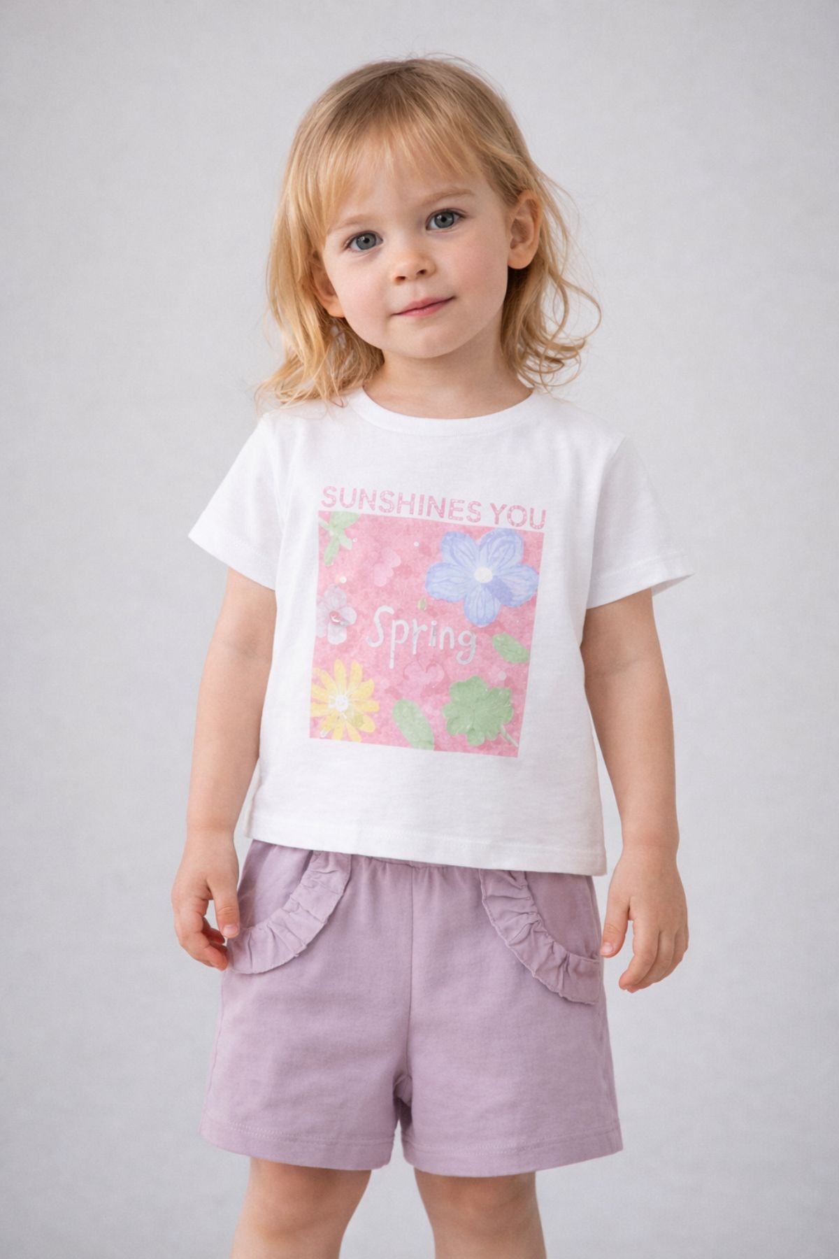 Детски комплект за момиче с къс ръкав, лилав цвят