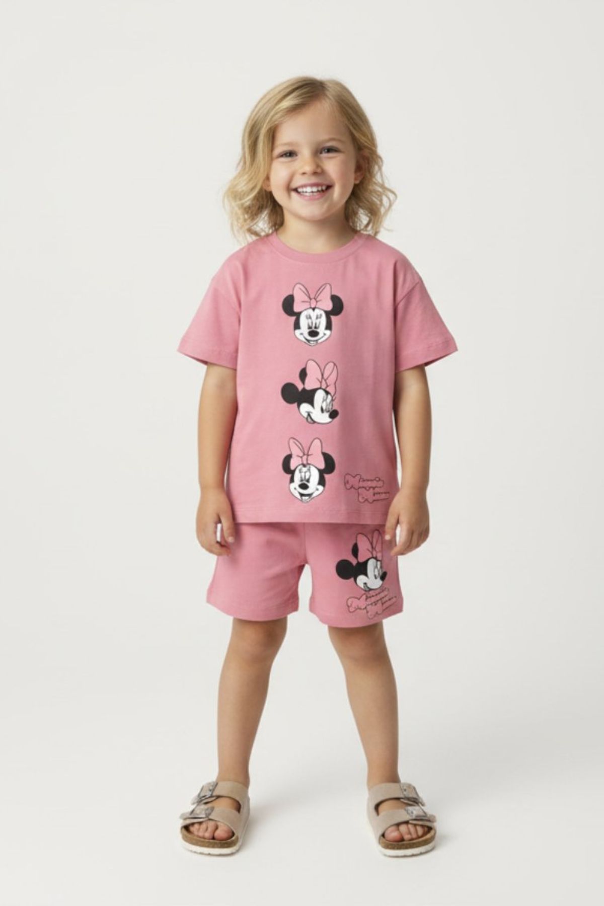 Детски комплект за момиче с къс ръкав, тъмно розов цвят 