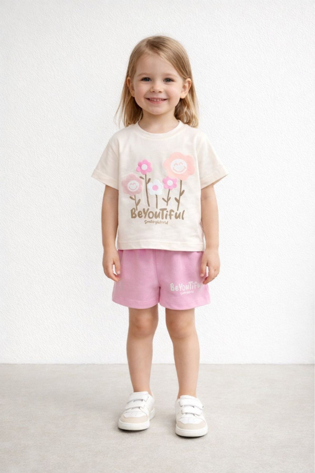 Детски комплект за момиче с къс ръкав, розов цвят    