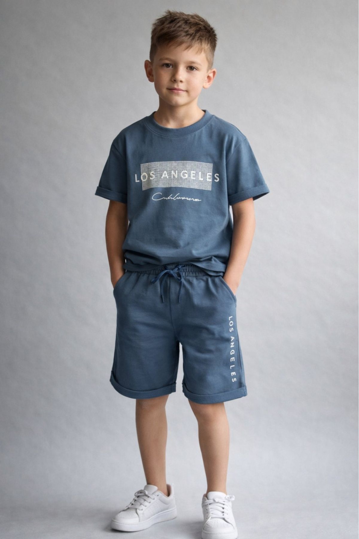 Детски комплект за момче с къс ръкав, тъмно син цвят