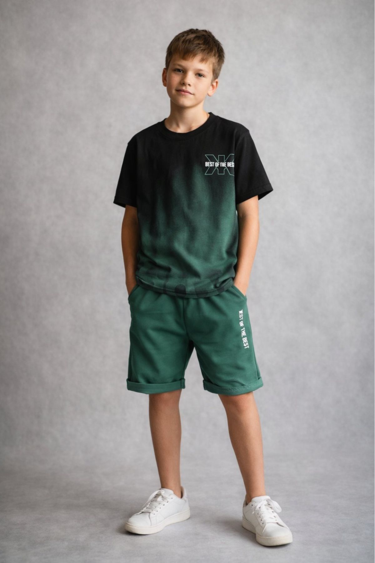 Детски комплект за момче с къс ръкав, зелен цвят