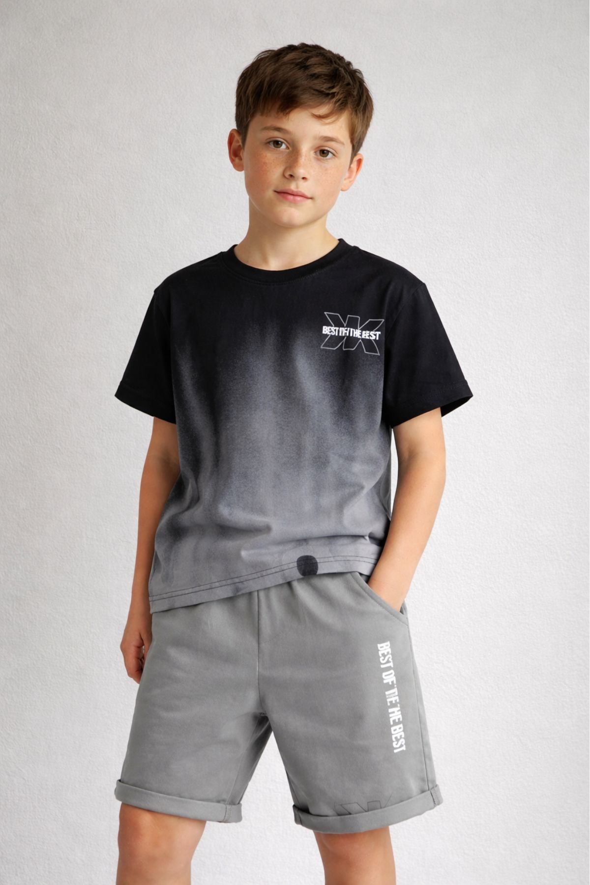 Детски комплект за момче с къс ръкав, сив цвят